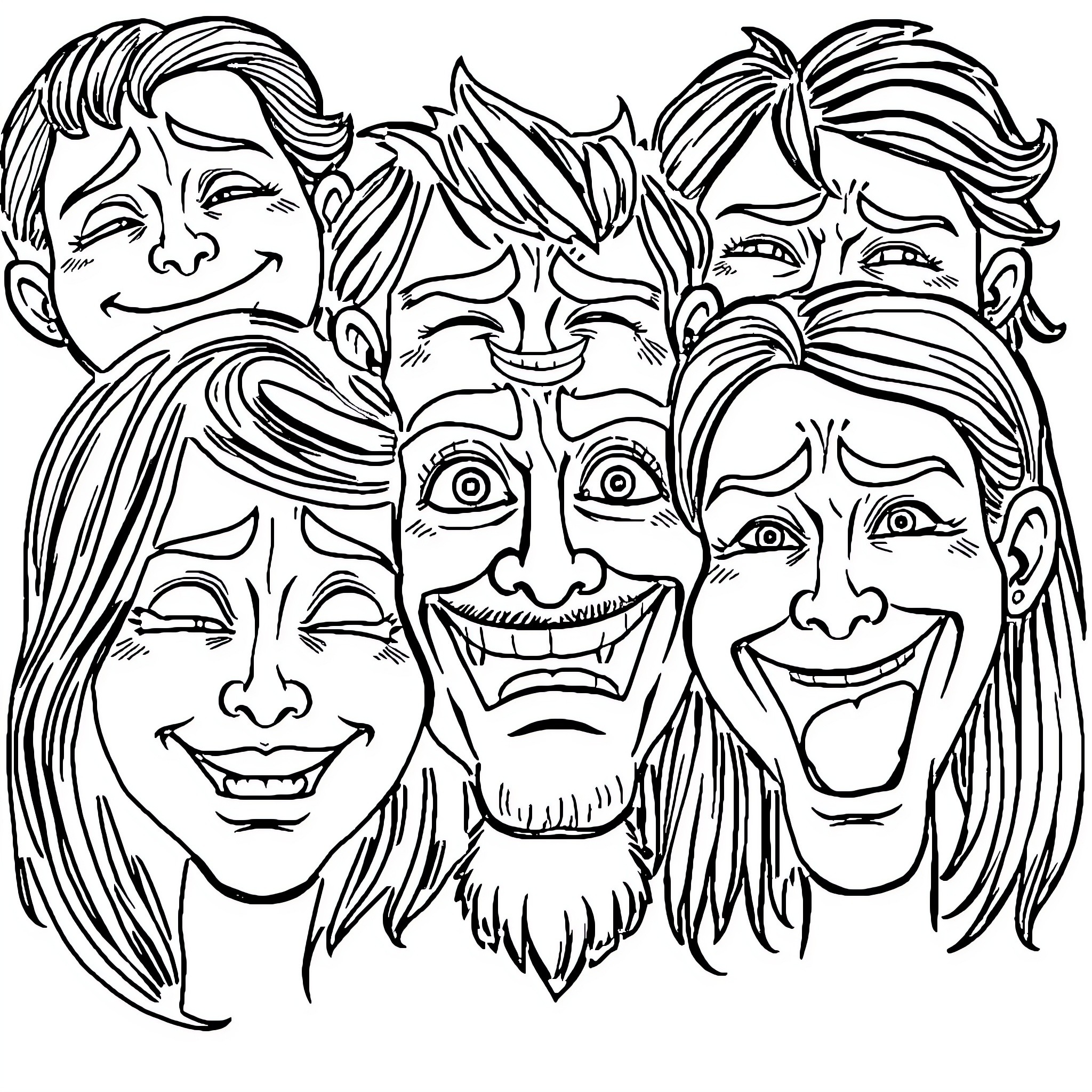 Emotion of Diverse Facial Expressions Coloring Page (free black-and-white line drawing printable PDF for all, from beginners to advanced learners, including children, teens, adults, and seniors)