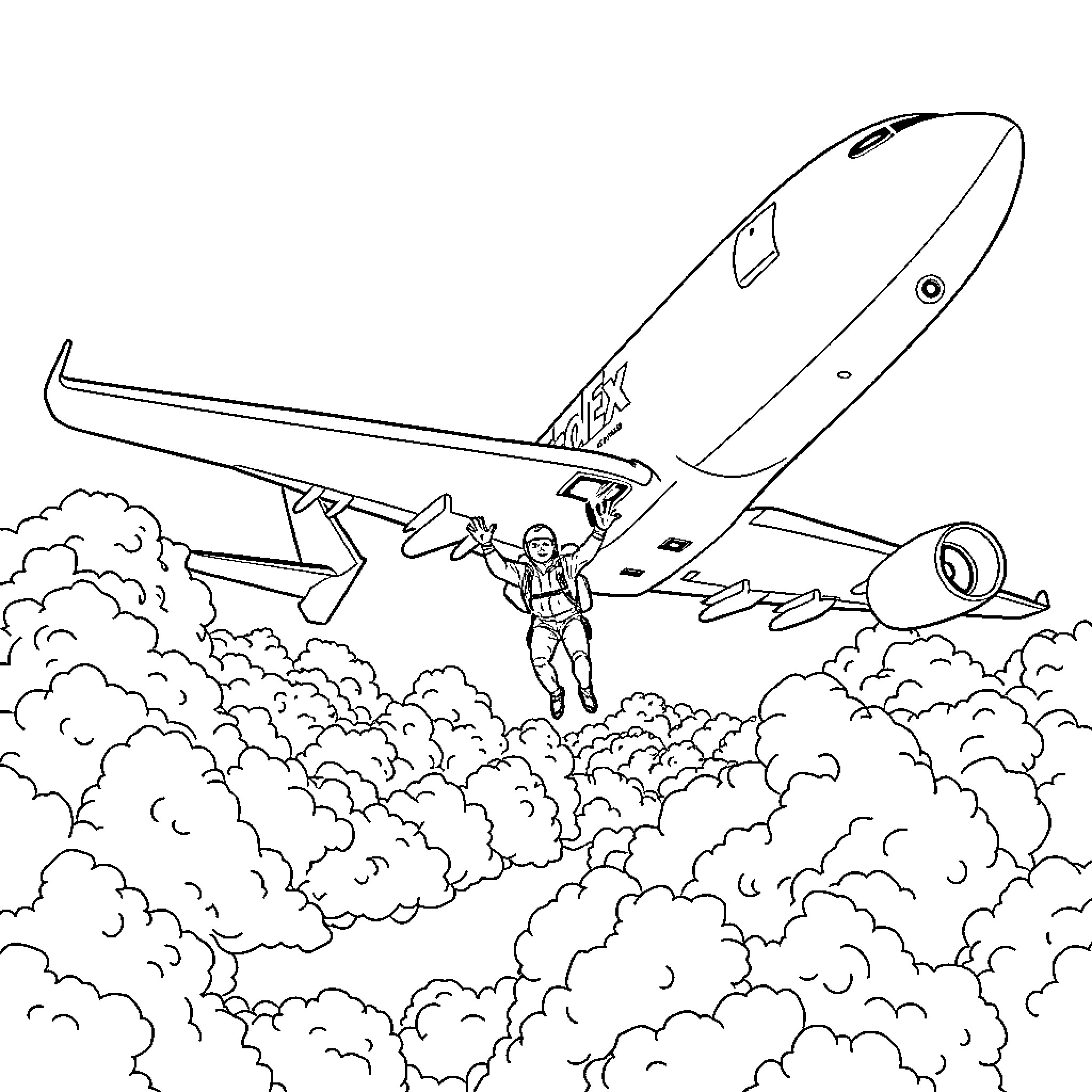 Parachutist soaring through the clouds Coloring Page (free black-and-white line drawing printable PDF for all, from beginners to advanced learners, including children, teens, adults, and seniors)