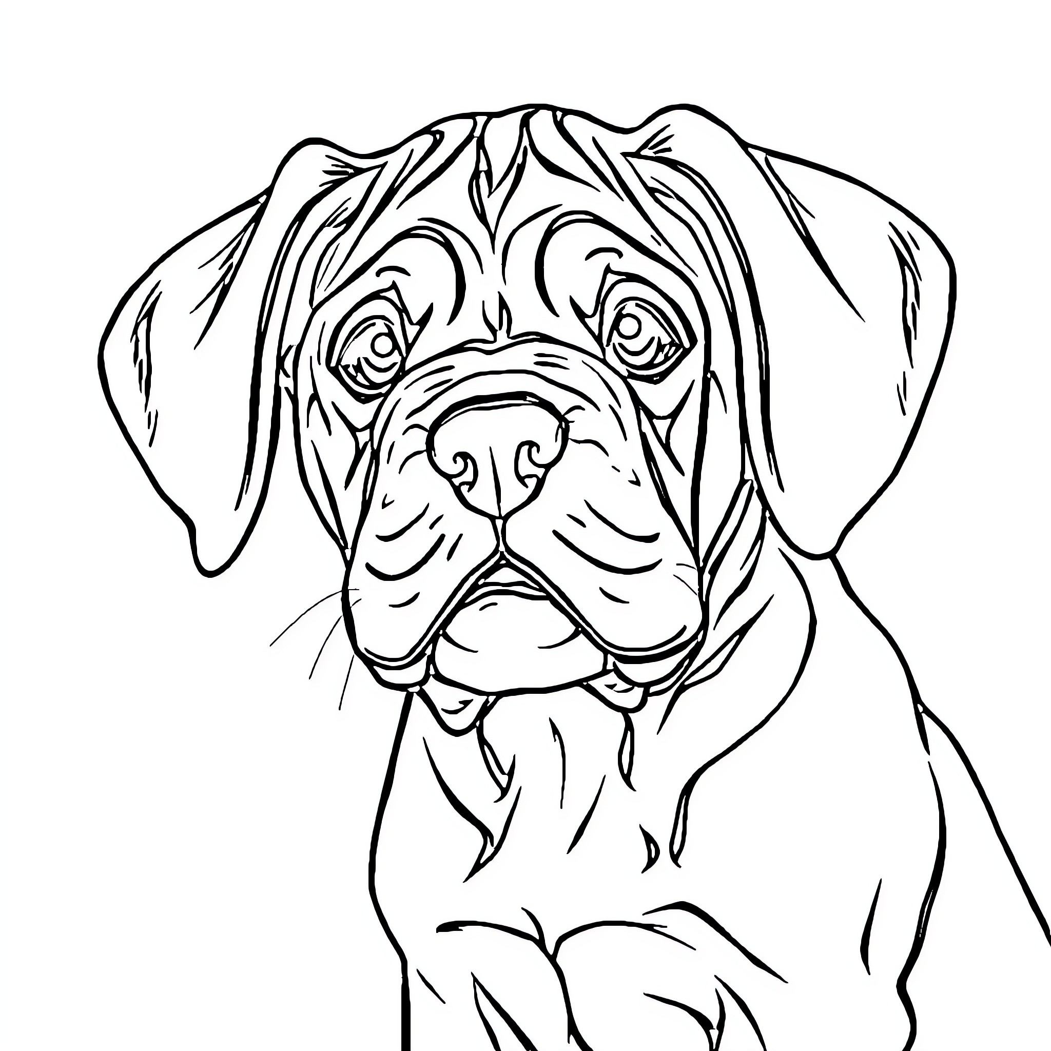 Mastiff with an Attentive Gaze Coloring Page (free black-and-white line drawing printable PDF for all, from beginners to advanced learners, including children, teens, adults, and seniors)