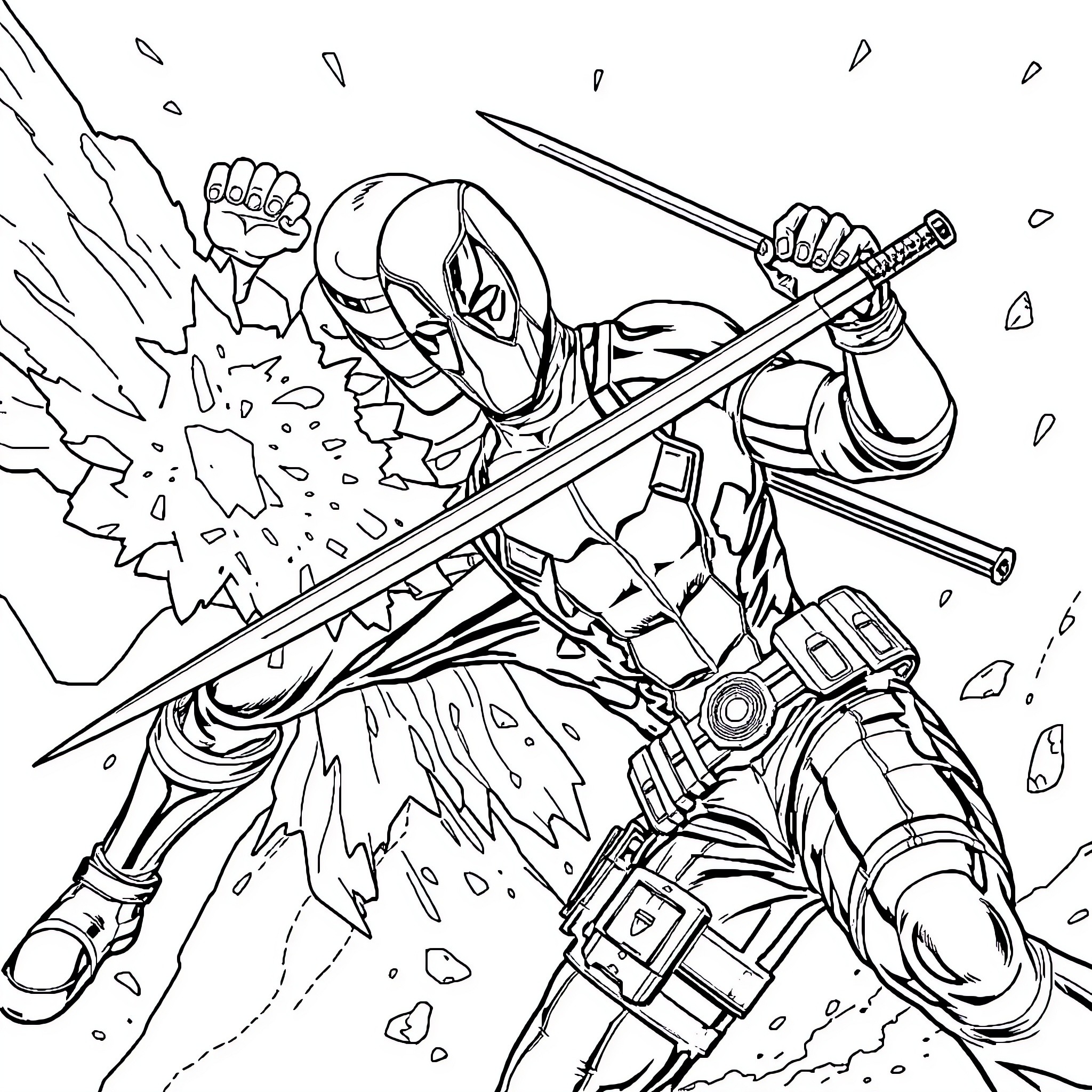 Deadpool in Action Pose with Weapon Coloring Page (free black-and-white line drawing printable PDF for all, from beginners to advanced learners, including children, teens, adults, and seniors)