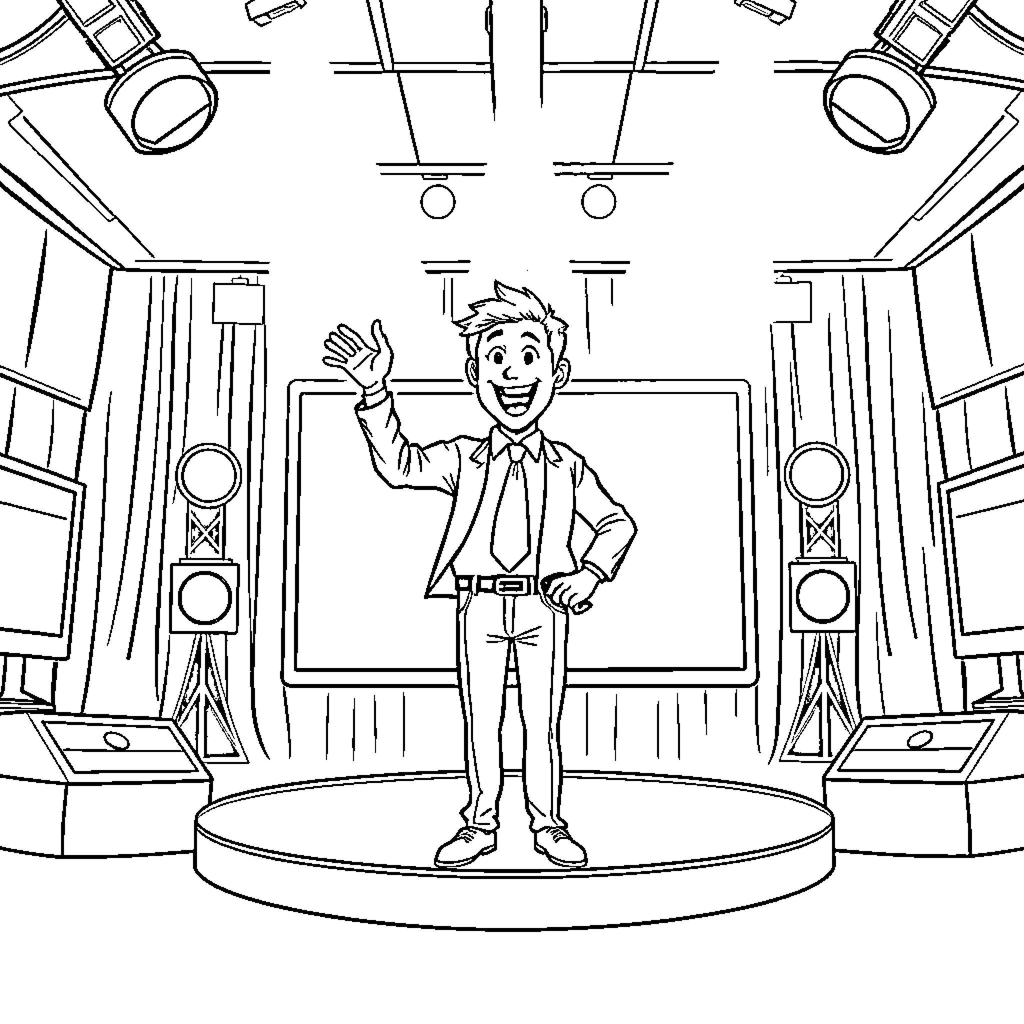 Accountant waving in front of computer screens Coloring Page (free black-and-white line drawing printable PDF for all, from beginners to advanced learners, including children, teens, adults, and seniors)