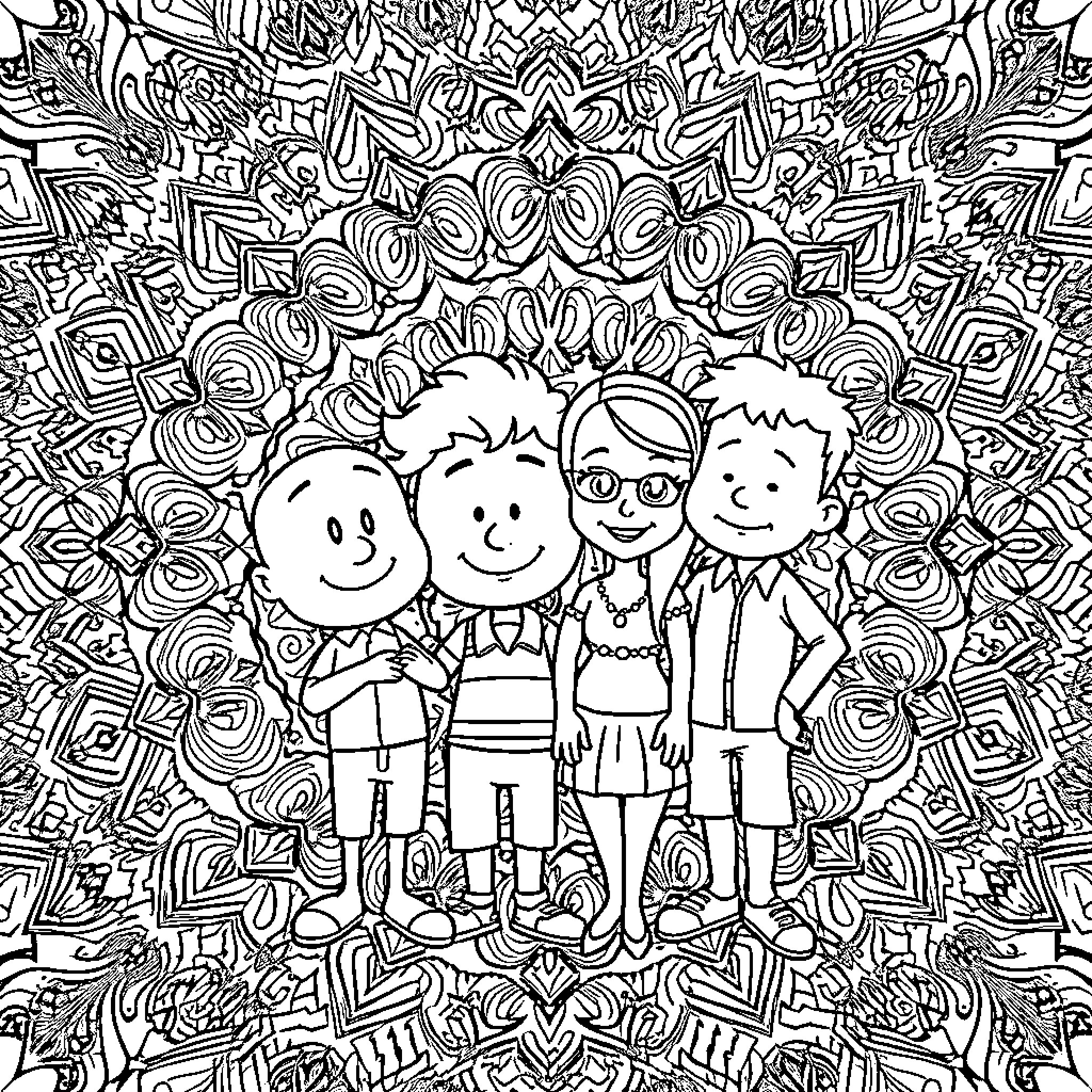 Gumball characters in a patterned background Coloring Page (free black-and-white line drawing printable PDF for all, from beginners to advanced learners, including children, teens, adults, and seniors)