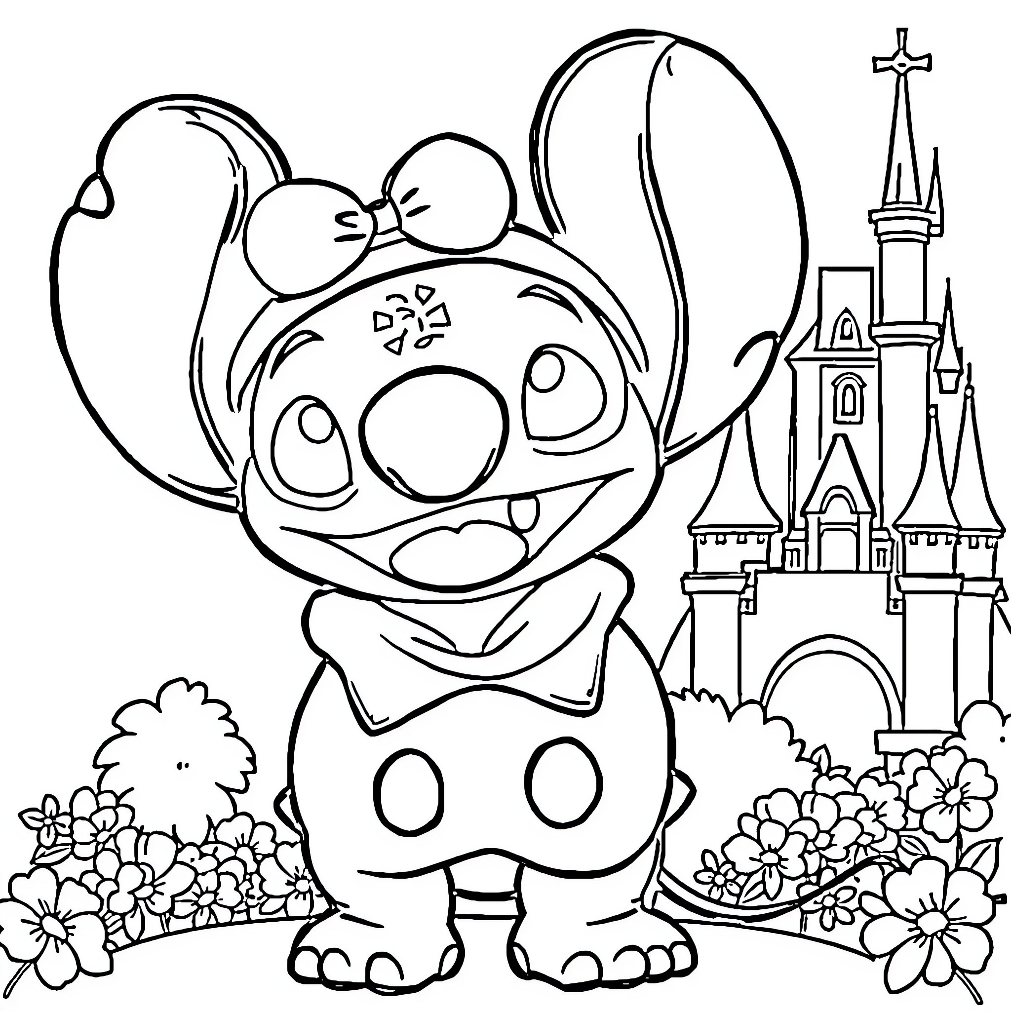 Stitch enjoying a magical scene at the castle Coloring Page (free black-and-white line drawing printable PDF for all, from beginners to advanced learners, including children, teens, adults, and seniors)