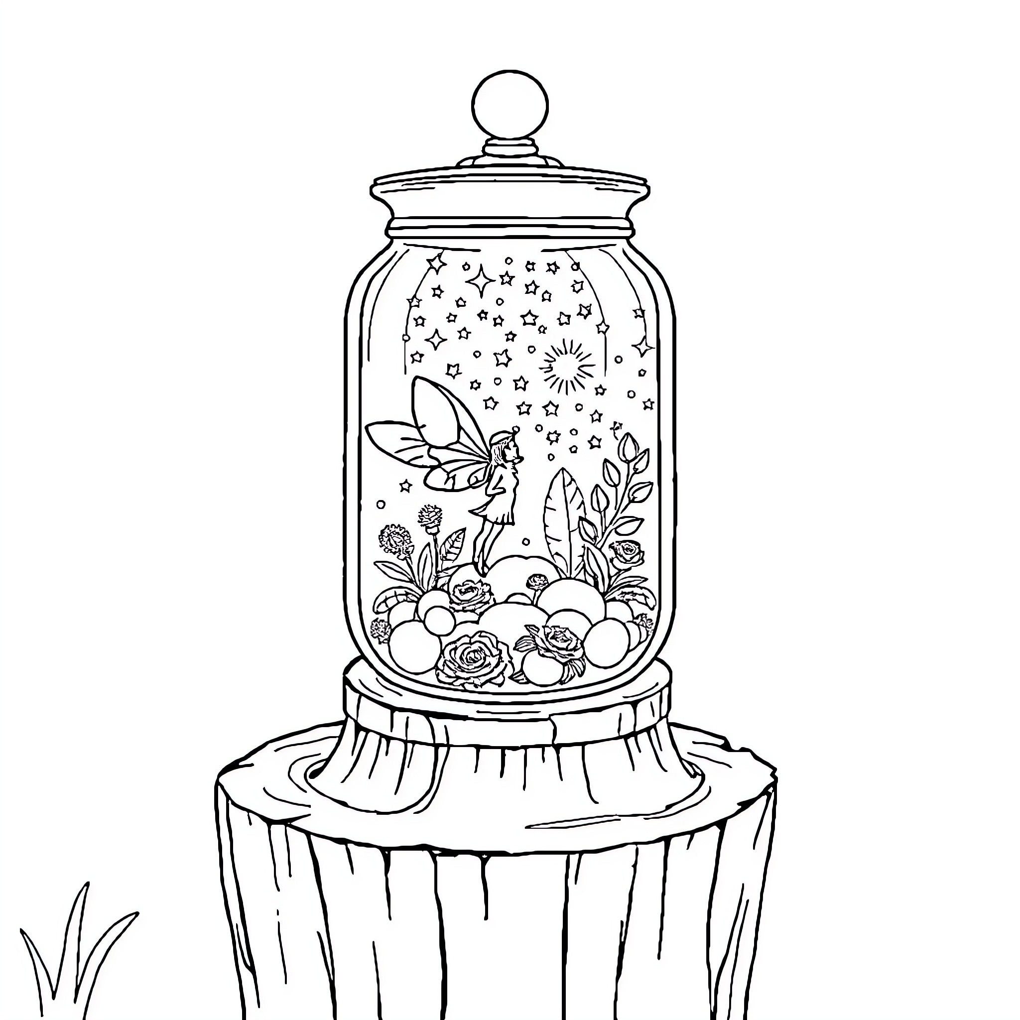 Fairy in a Magical Glass Jar Coloring Page (free black-and-white line drawing printable PDF for all, from beginners to advanced learners, including children, teens, adults, and seniors)