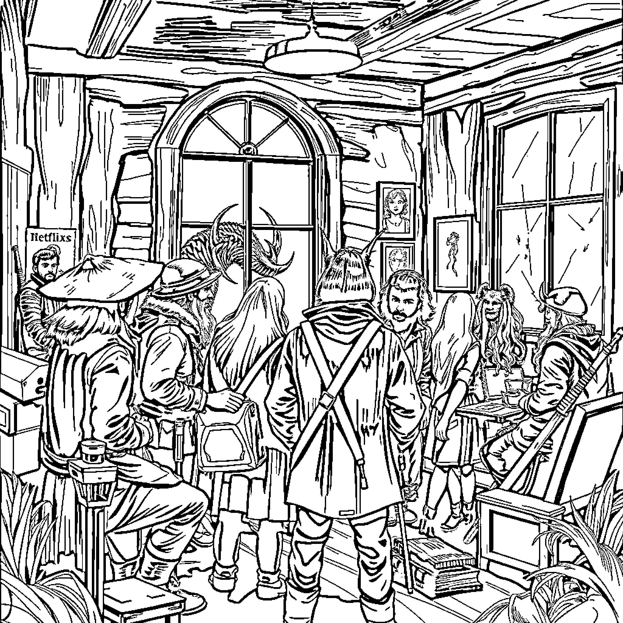Hunter gathering in an abandoned building Coloring Page (free black-and-white line drawing printable PDF for all, from beginners to advanced learners, including children, teens, adults, and seniors)