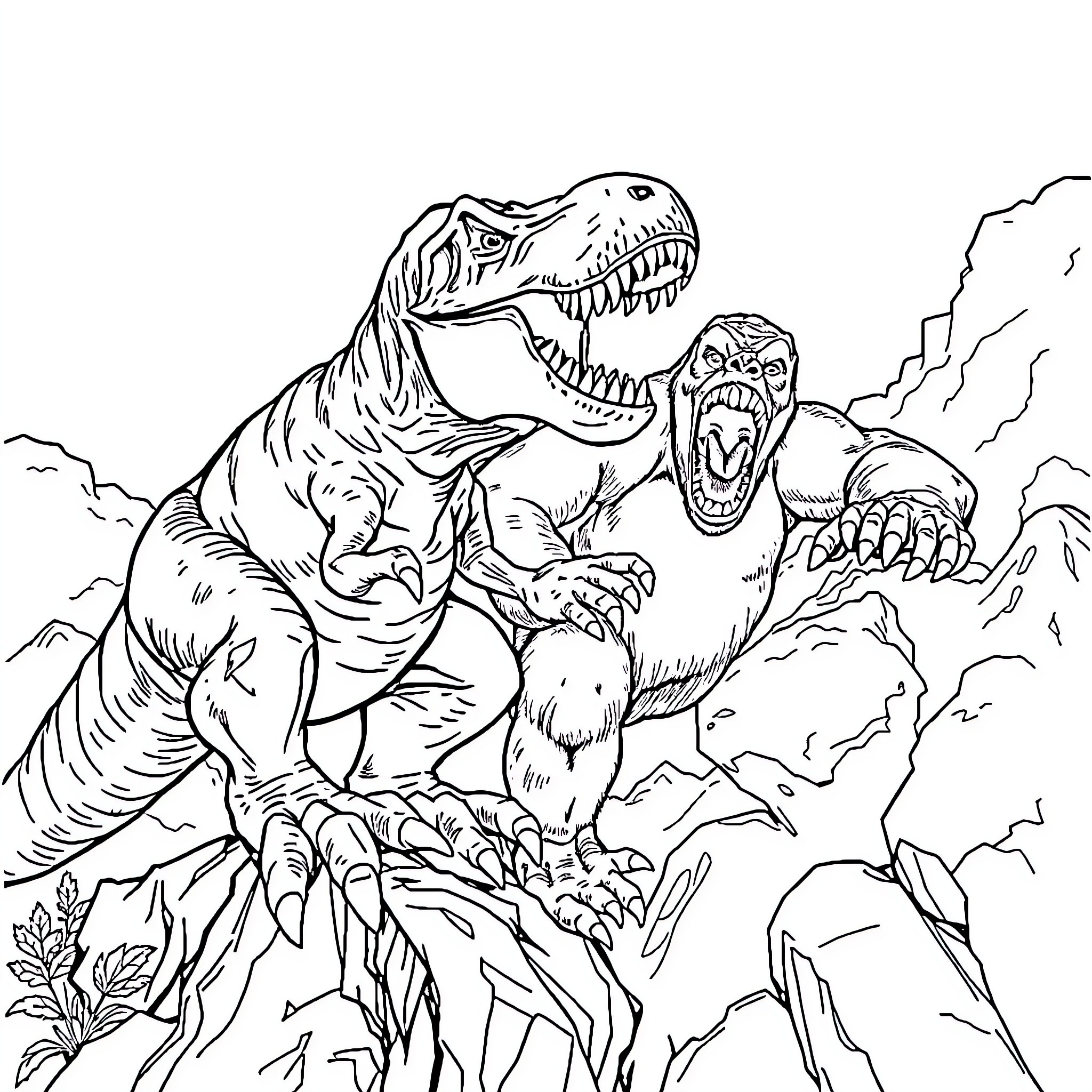 T-Rex Battling Mighty Predators in a Prehistoric Landscape Coloring Page (free black-and-white line drawing printable PDF for all, from beginners to advanced learners, including children, teens, adults, and seniors)