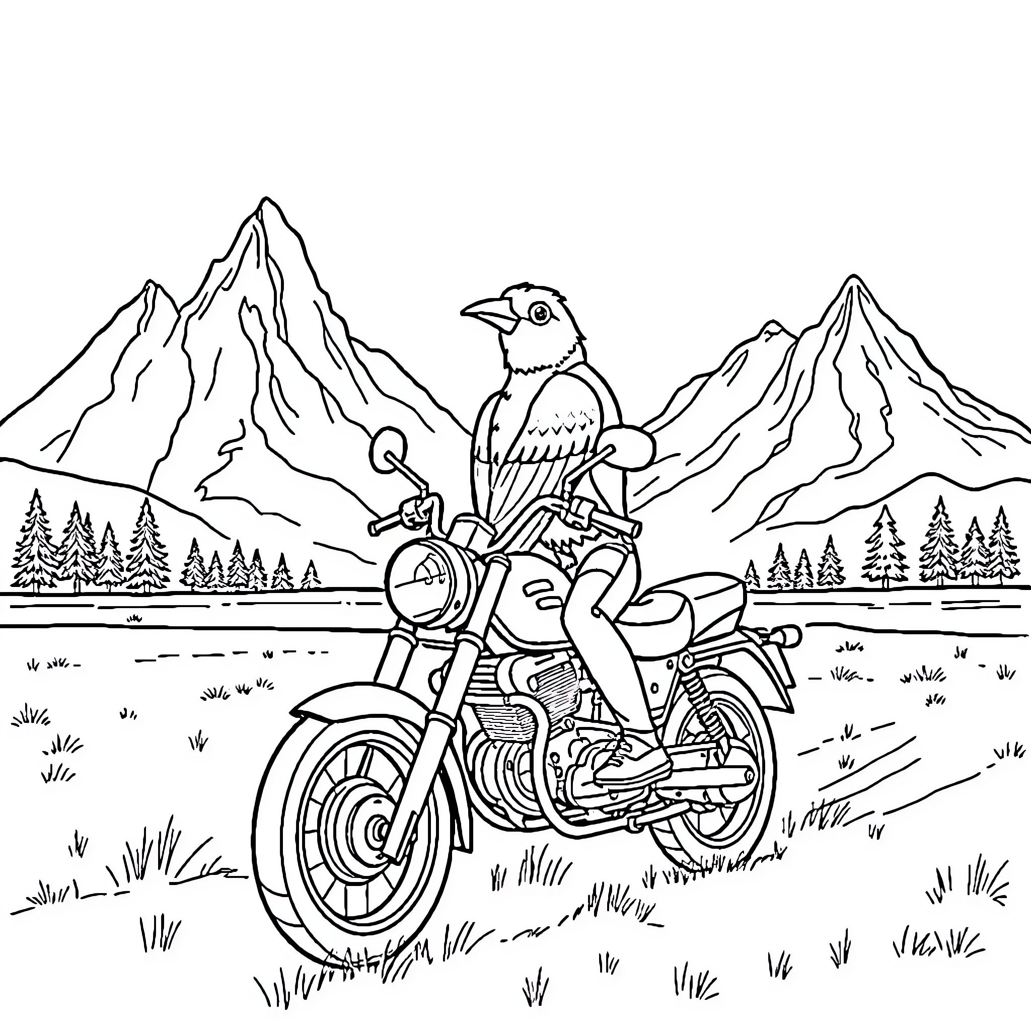 Bird riding motorcycle through mountain landscape Coloring Page (free black-and-white line drawing printable PDF for all, from beginners to advanced learners, including children, teens, adults, and seniors)