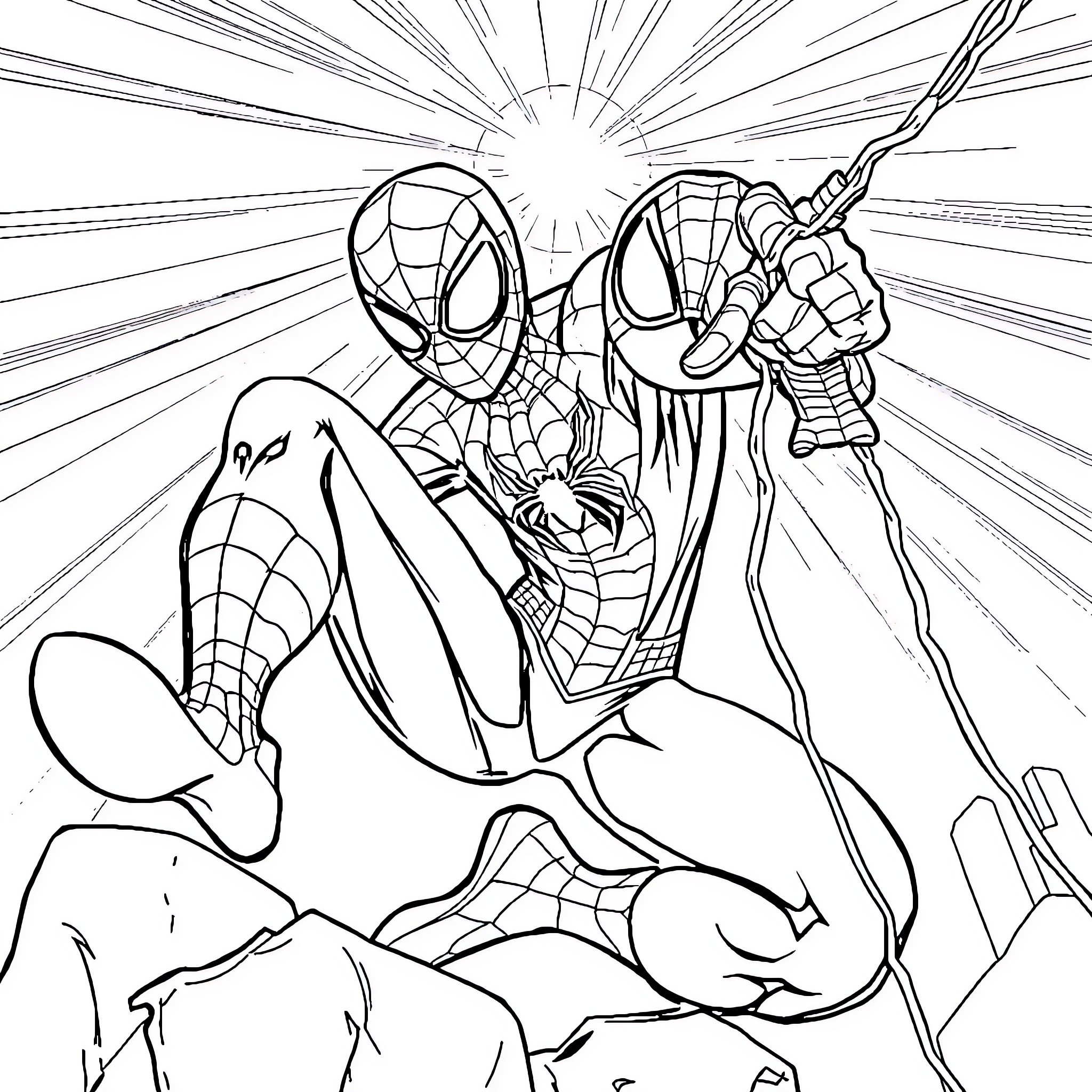 Spider-Man swinging into action with heroic pose Coloring Page (free black-and-white line drawing printable PDF for all, from beginners to advanced learners, including children, teens, adults, and seniors)