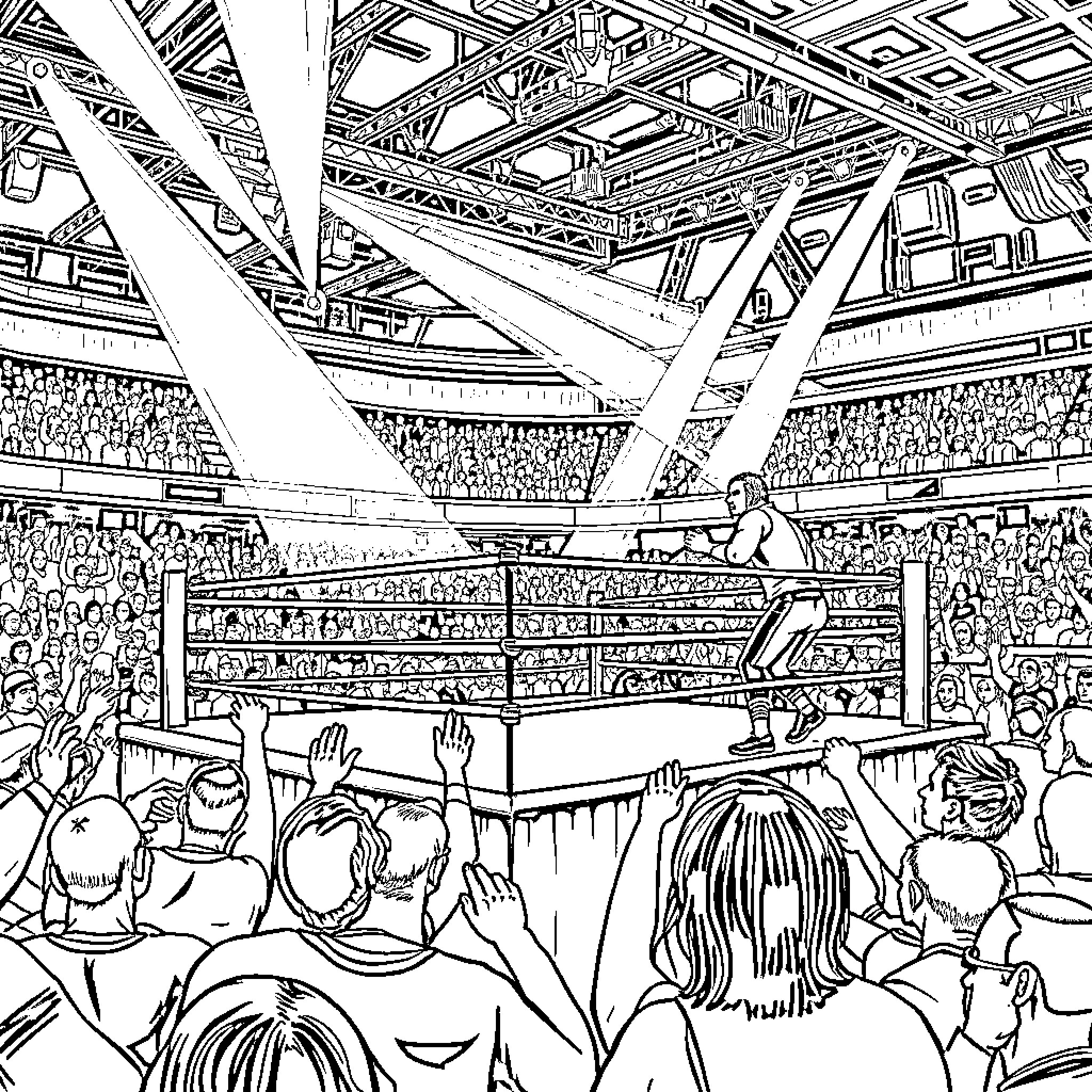 WWE Wrestling Match in Arena Coloring Page (free black-and-white line drawing printable PDF for all, from beginners to advanced learners, including children, teens, adults, and seniors)