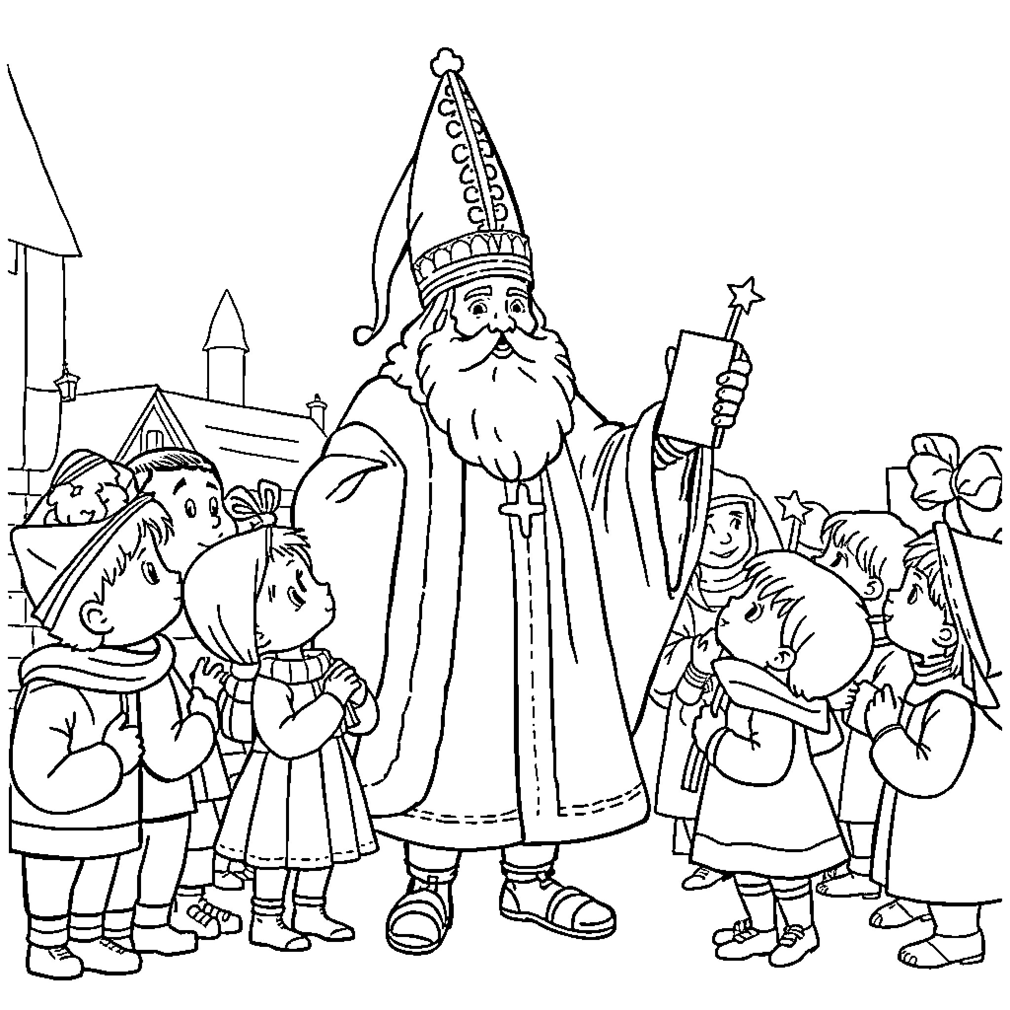 Sinterklaas leading a festive parade with children Coloring Page (free black-and-white line drawing printable PDF for all, from beginners to advanced learners, including children, teens, adults, and seniors)