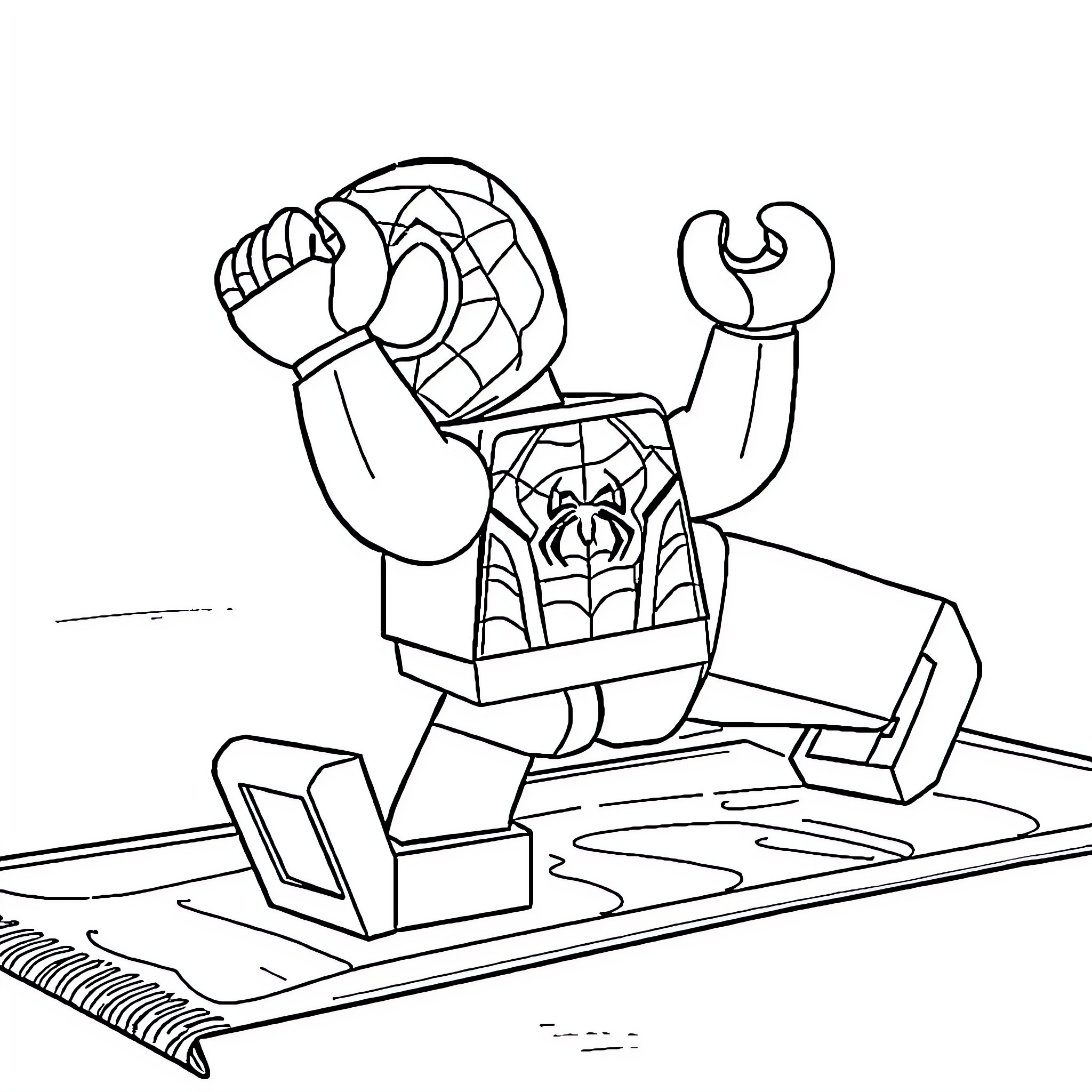 Spiderman building a new gadget on the workbench Coloring Page (free black-and-white line drawing printable PDF for all, from beginners to advanced learners, including children, teens, adults, and seniors)