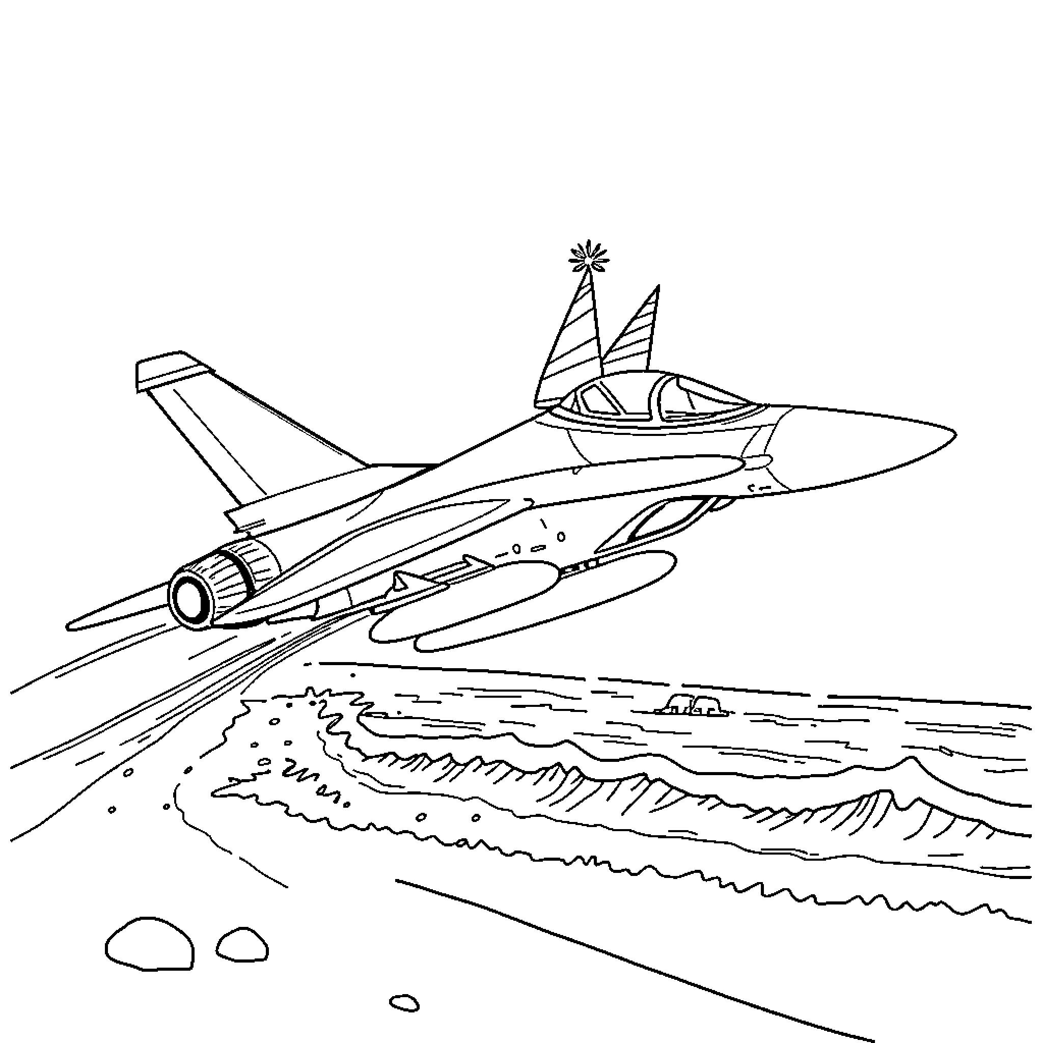 Harrier Jet soaring above the waves Coloring Page (free black-and-white line drawing printable PDF for all, from beginners to advanced learners, including children, teens, adults, and seniors)
