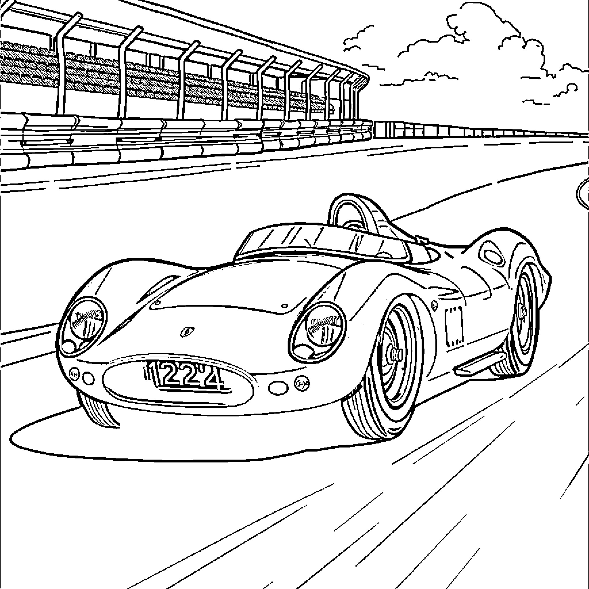 Ferrari racecar speeding on racing track Coloring Page (free black-and-white line drawing printable PDF for all, from beginners to advanced learners, including children, teens, adults, and seniors)