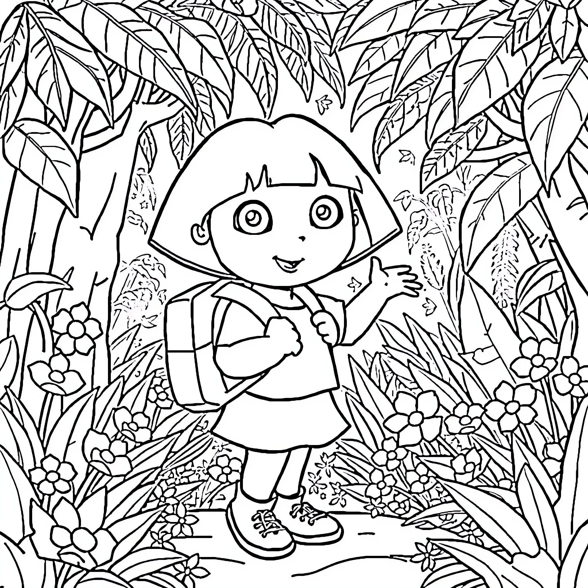 Dora's Adventure in the Lush Jungle Coloring Page (free black-and-white line drawing printable PDF for all, from beginners to advanced learners, including children, teens, adults, and seniors)