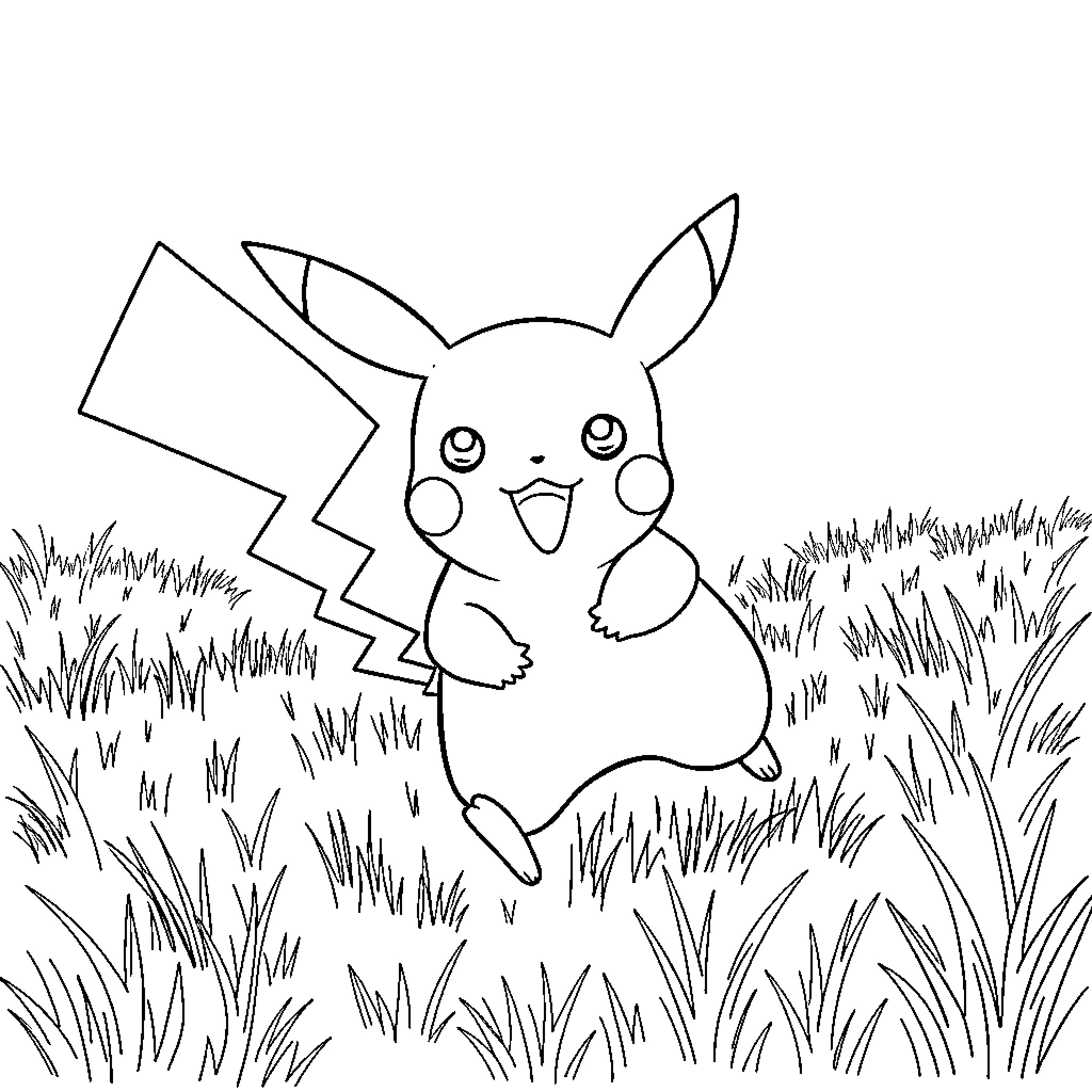 Pikachu playing in the grass Coloring Page (free black-and-white line drawing printable PDF for all, from beginners to advanced learners, including children, teens, adults, and seniors)