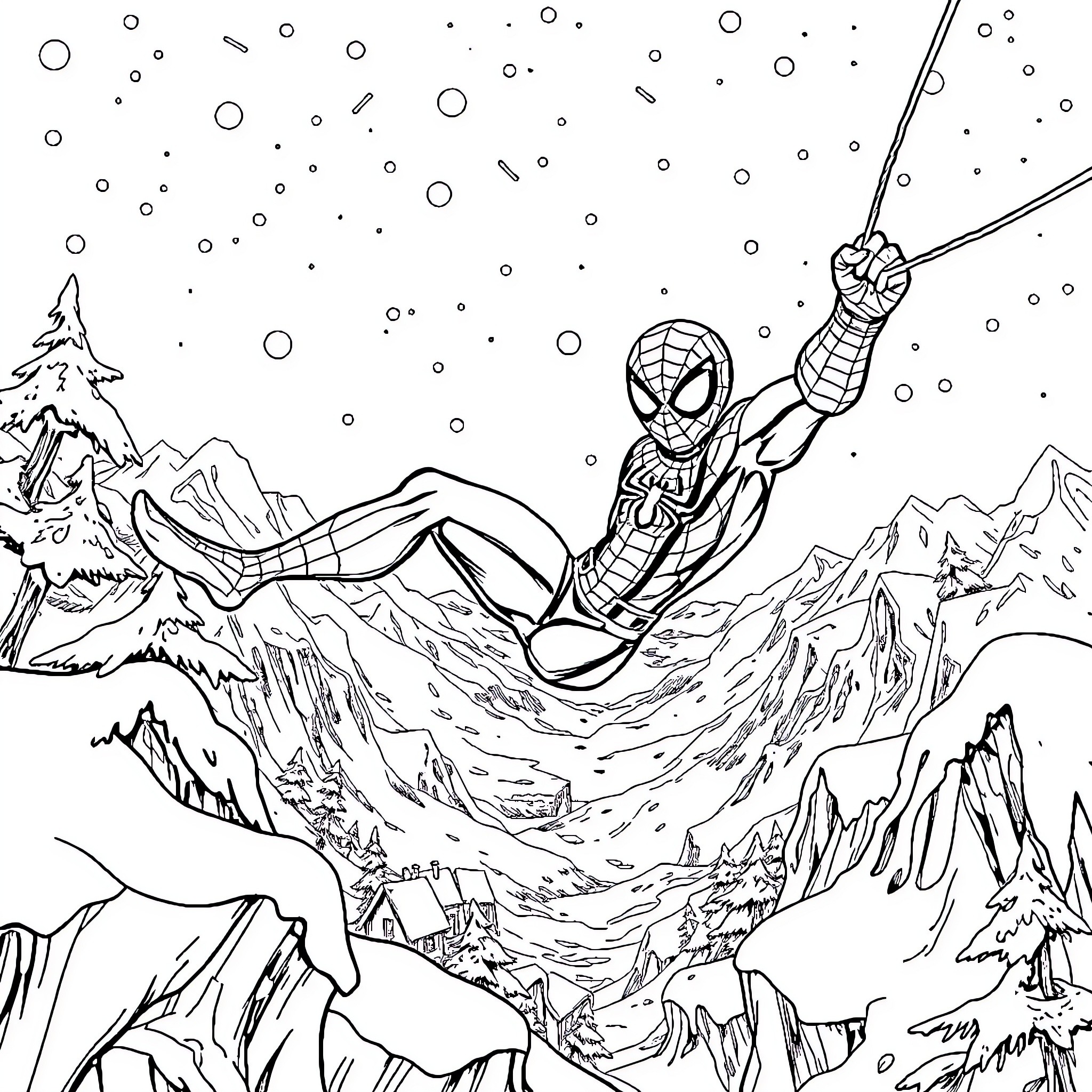 Spiderman swinging through a snowy mountain landscape Coloring Page (free black-and-white line drawing printable PDF for all, from beginners to advanced learners, including children, teens, adults, and seniors)