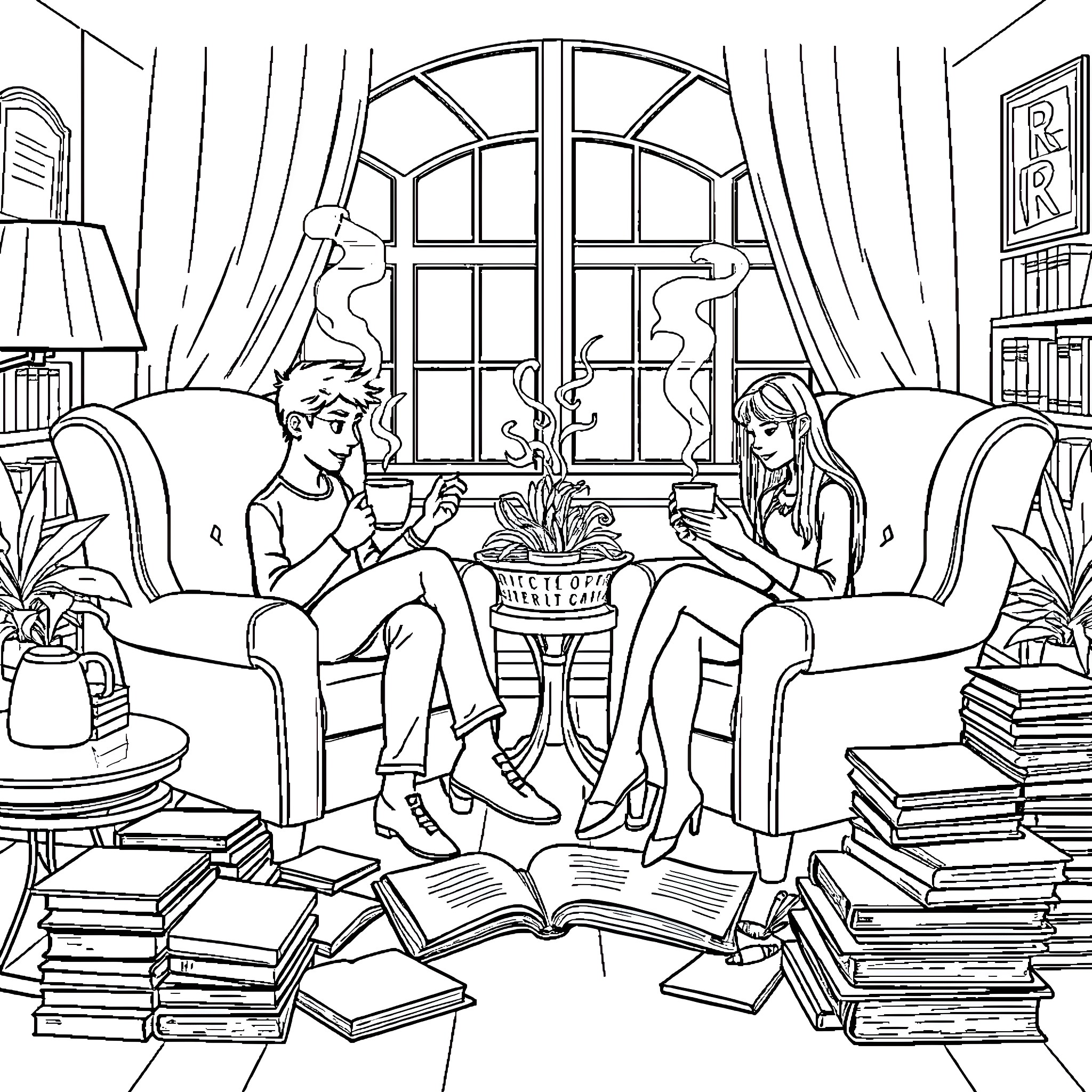 Students studying and conversing in a cozy library Coloring Page (free black-and-white line drawing printable PDF for all, from beginners to advanced learners, including children, teens, adults, and seniors)