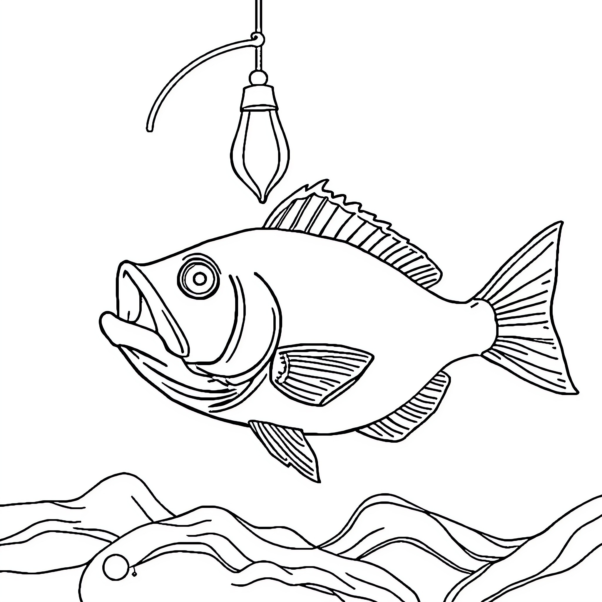 Angler Fish Caught on Fishing Line Coloring Page (free black-and-white line drawing printable PDF for all, from beginners to advanced learners, including children, teens, adults, and seniors)