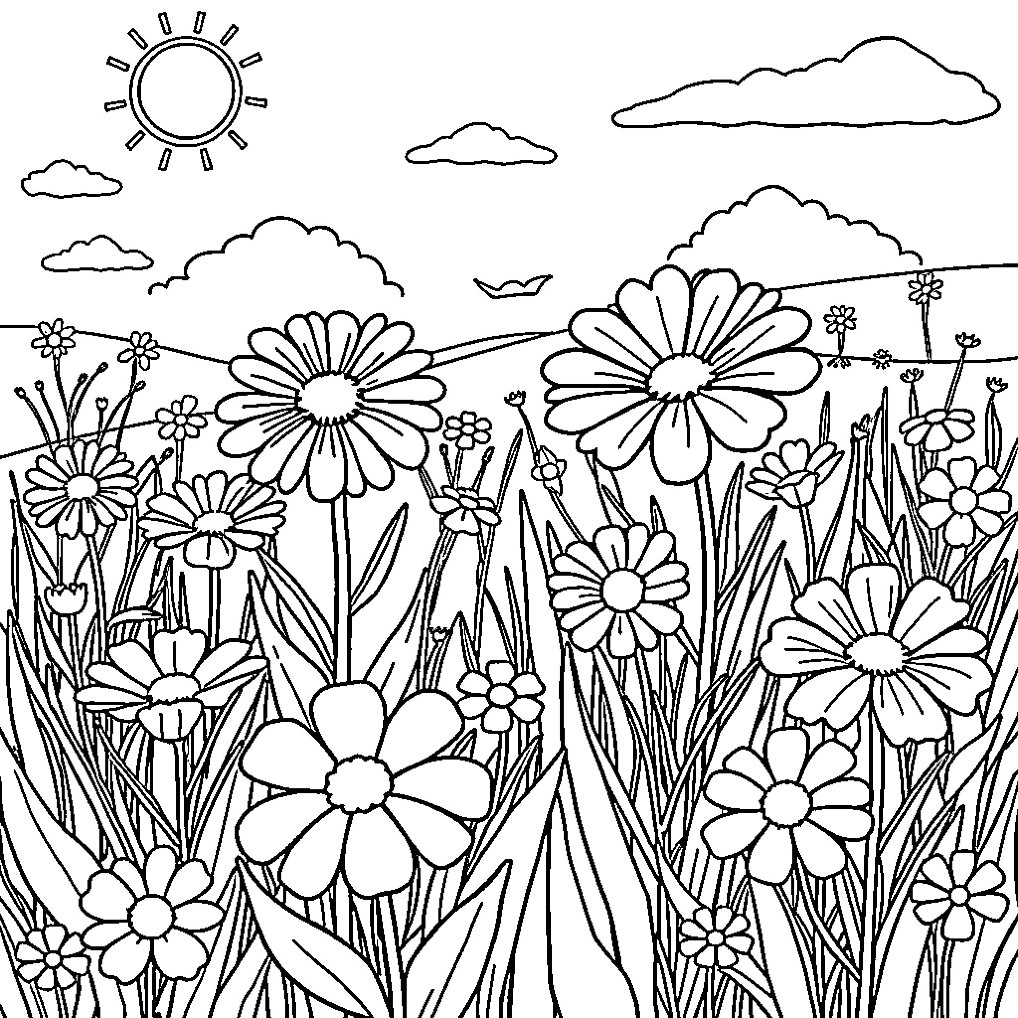 Flower Field with Vibrant Blooms Coloring Page (free black-and-white line drawing printable PDF for all, from beginners to advanced learners, including children, teens, adults, and seniors)
