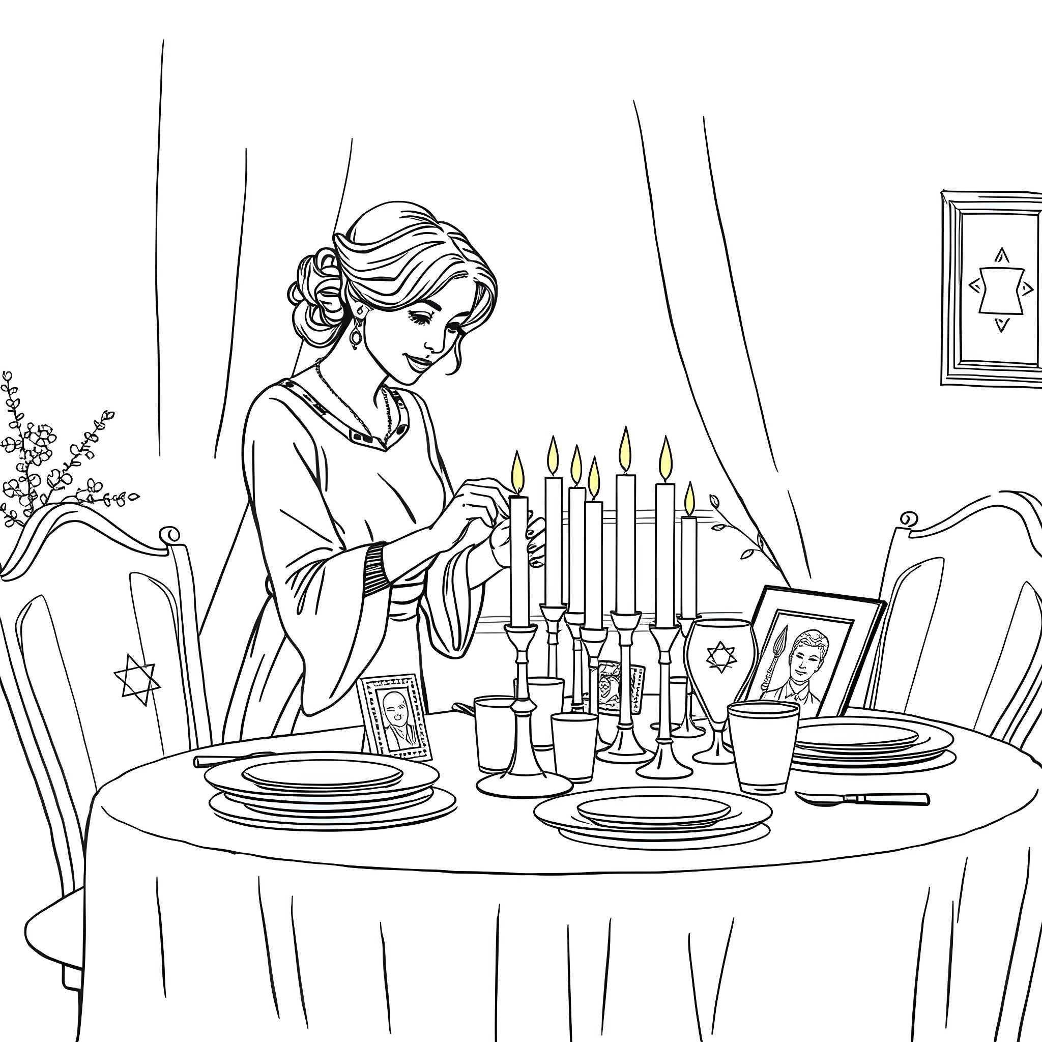 Mother Preparing for Sabbath Celebration Coloring Page (free black-and-white line drawing printable PDF for all, from beginners to advanced learners, including children, teens, adults, and seniors)