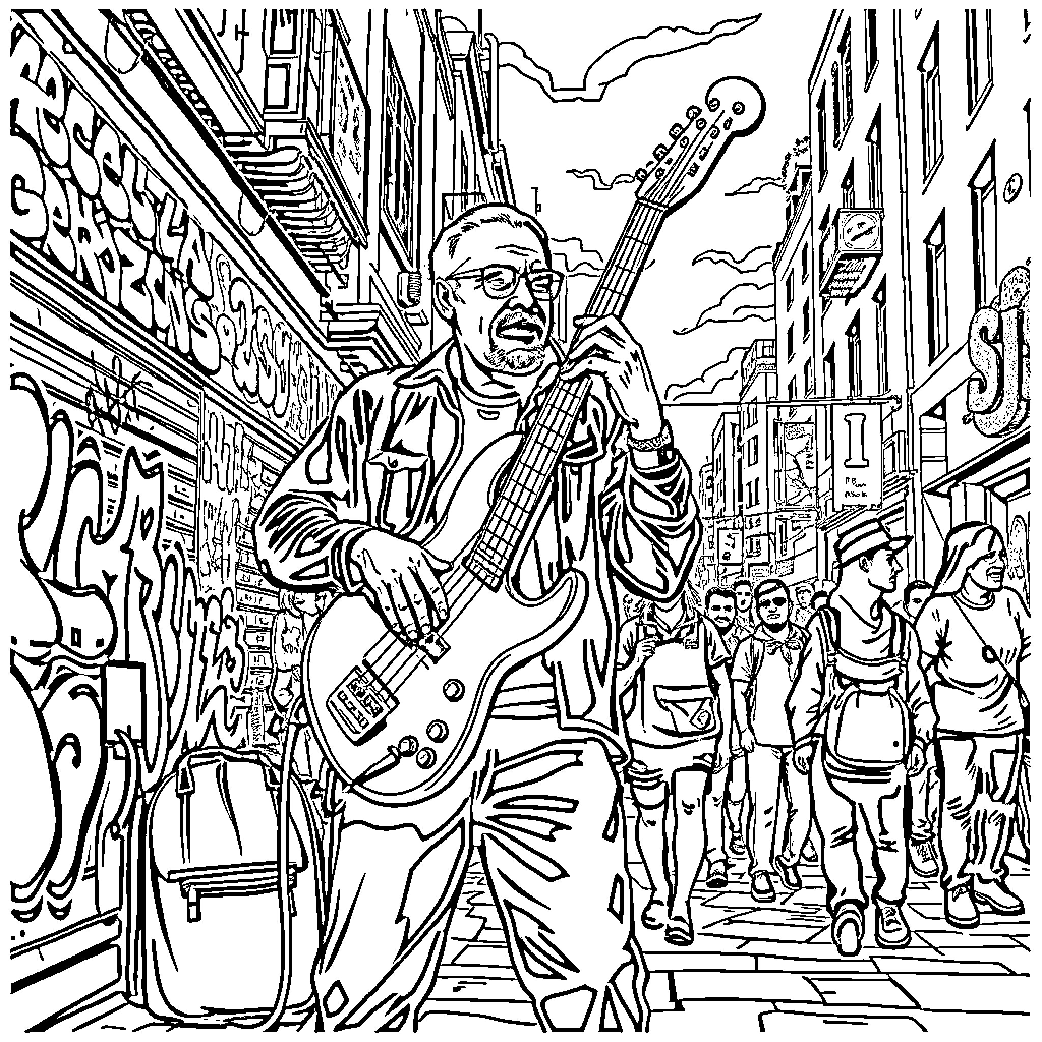 Man playing guitar on city street surrounded by crowd Coloring Page (free black-and-white line drawing printable PDF for all, from beginners to advanced learners, including children, teens, adults, and seniors)