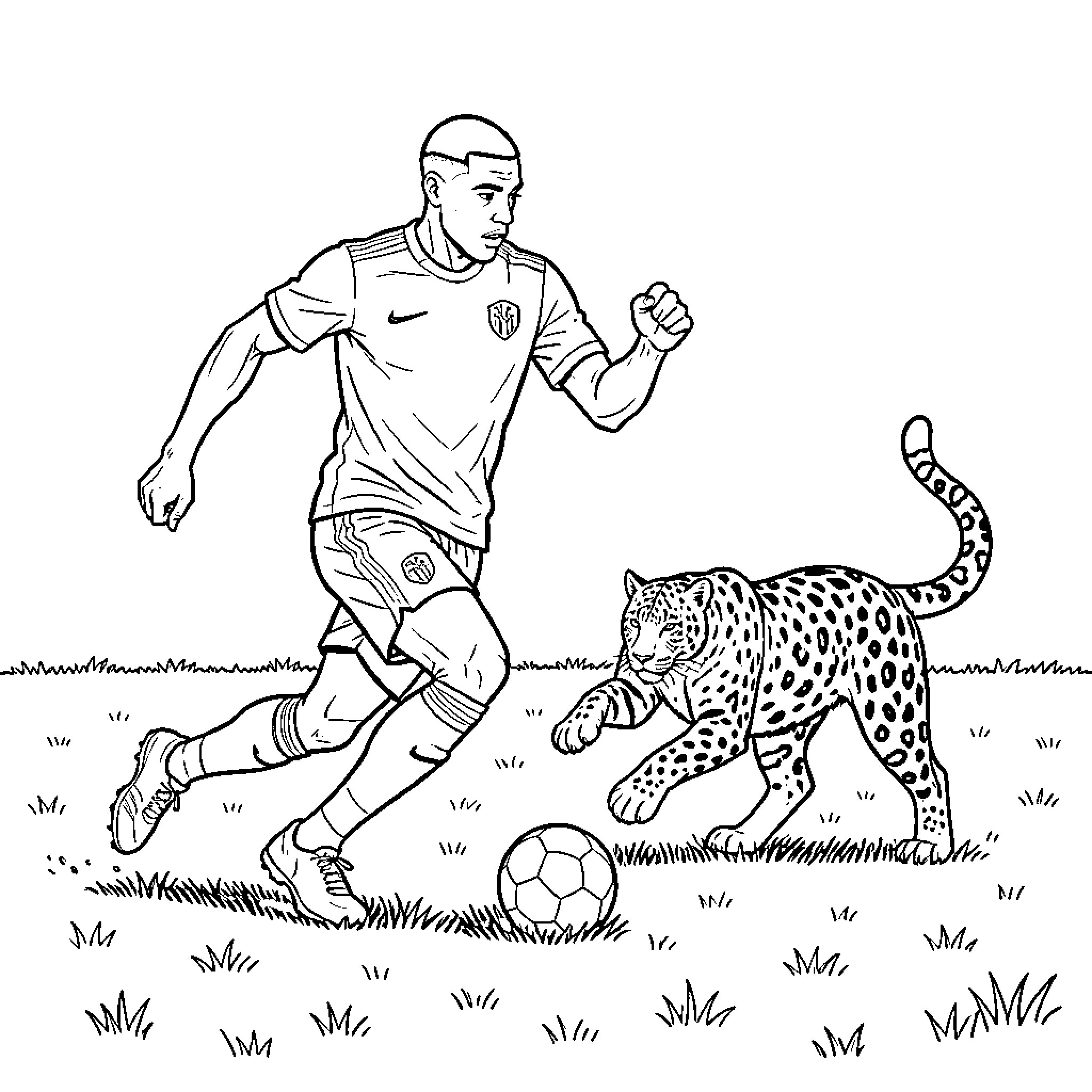 Mbappe dribbling a soccer ball past a leopard Coloring Page (free black-and-white line drawing printable PDF for all, from beginners to advanced learners, including children, teens, adults, and seniors)