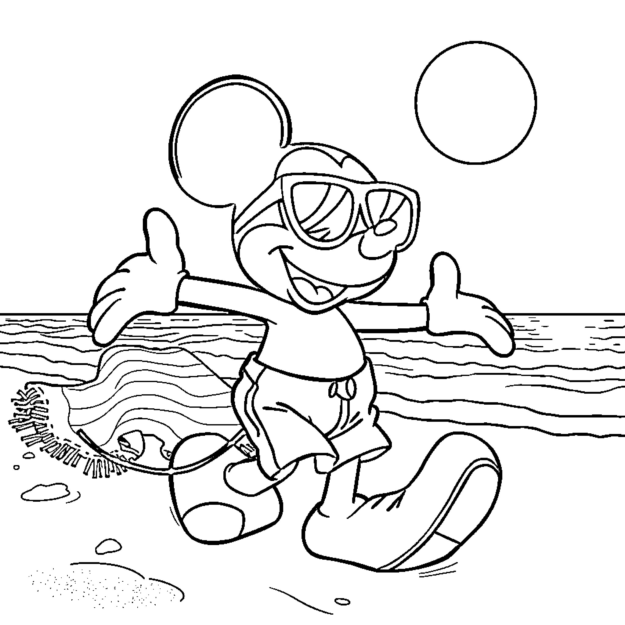 Mickey Mouse enjoying a sunny beach day Coloring Page (free black-and-white line drawing printable PDF for all, from beginners to advanced learners, including children, teens, adults, and seniors)