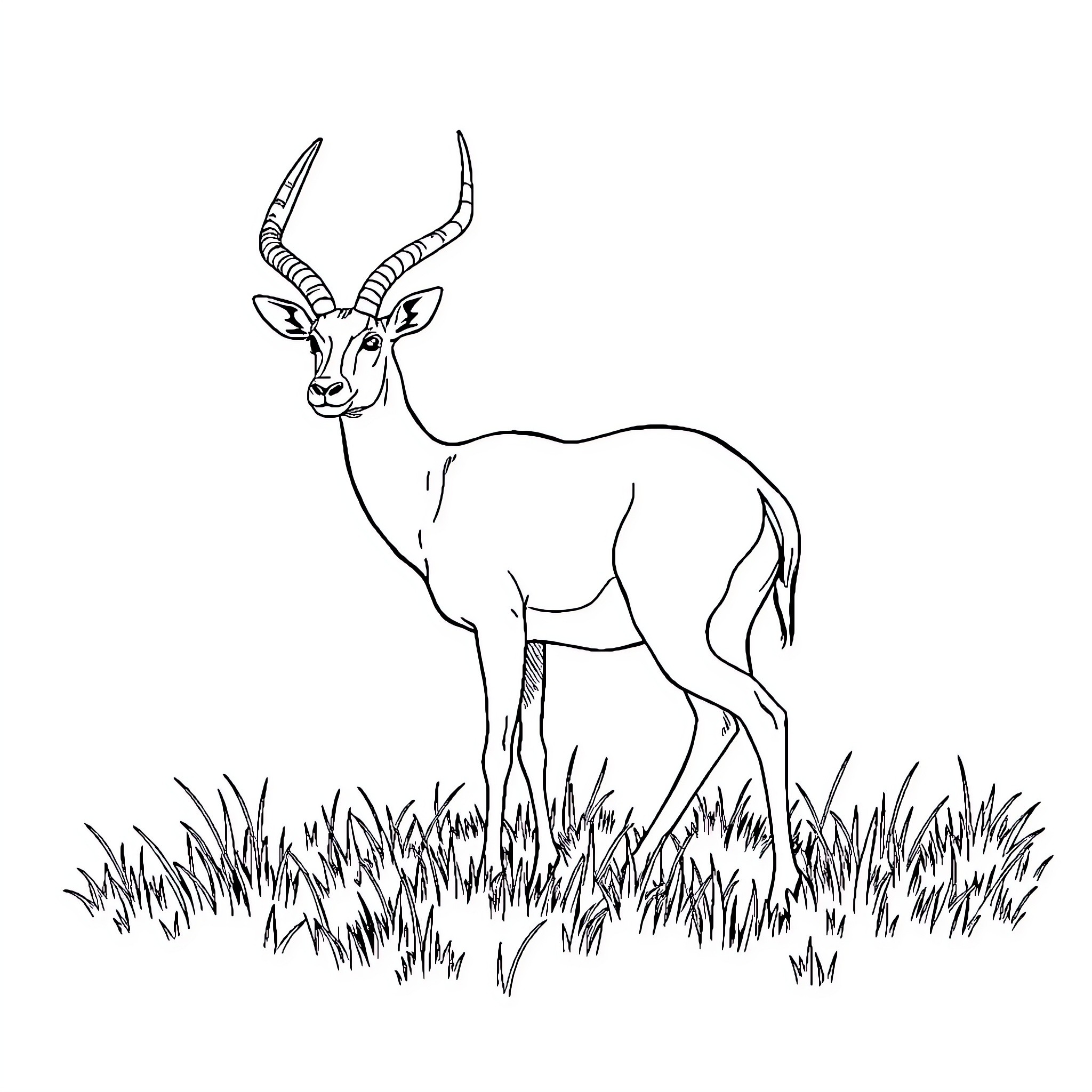 Antelope standing in tall grass Coloring Page (free black-and-white line drawing printable PDF for all, from beginners to advanced learners, including children, teens, adults, and seniors)