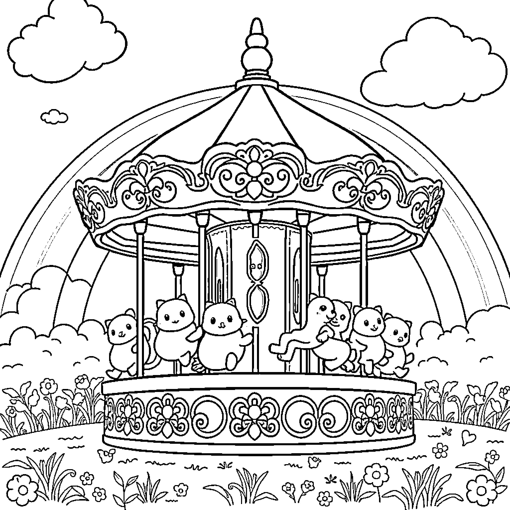 Squishmallow characters enjoying a carousel ride Coloring Page (free black-and-white line drawing printable PDF for all, from beginners to advanced learners, including children, teens, adults, and seniors)