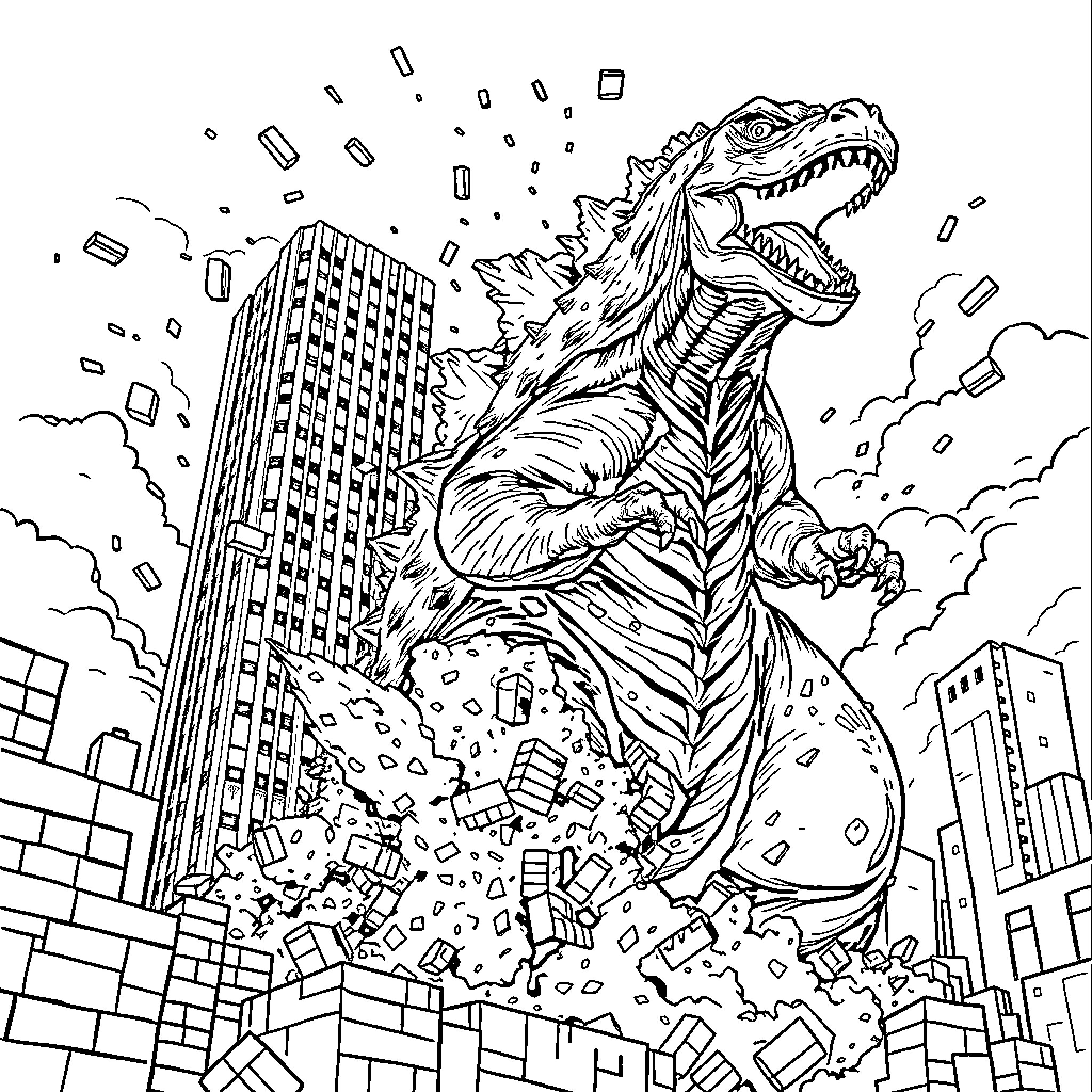 Godzilla rampaging through the city, destroying buildings Coloring Page (free black-and-white line drawing printable PDF for all, from beginners to advanced learners, including children, teens, adults, and seniors)
