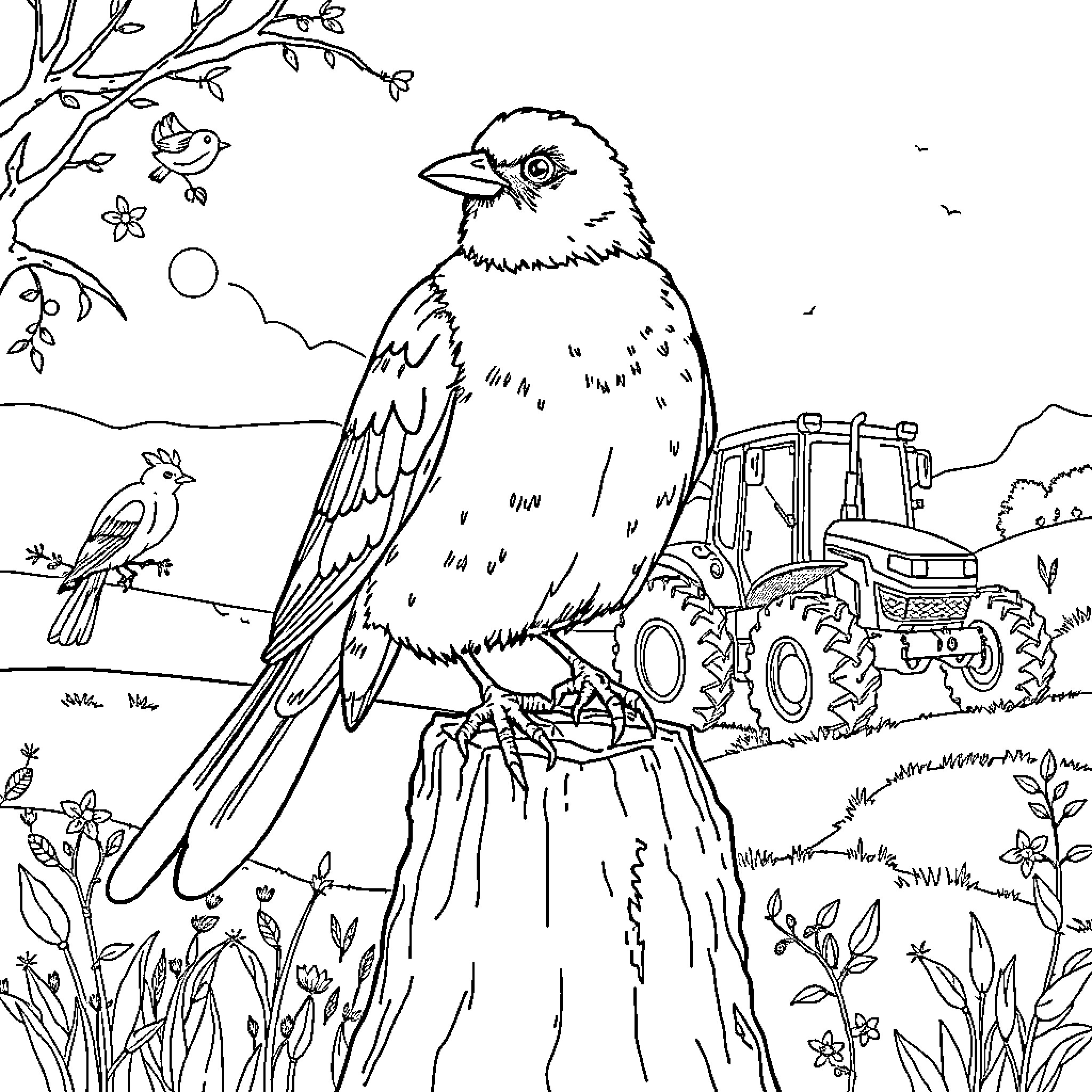 Bird perching on branch with tractor in background Coloring Page (free black-and-white line drawing printable PDF for all, from beginners to advanced learners, including children, teens, adults, and seniors)