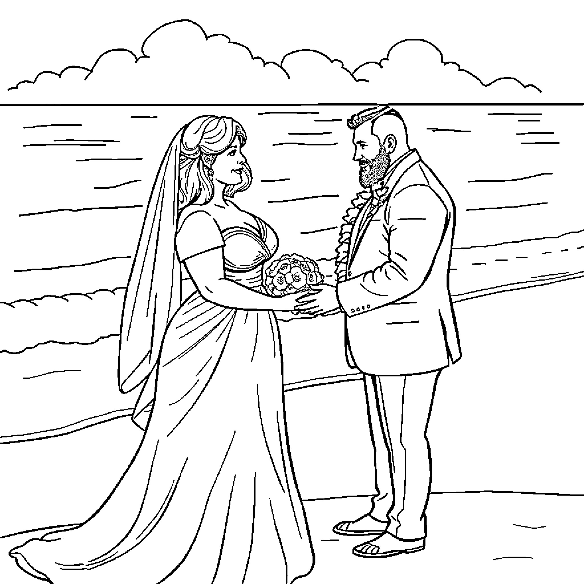 Bride and Groom Exchange Vows in Scenic Outdoor Setting Coloring Page (free black-and-white line drawing printable PDF for all, from beginners to advanced learners, including children, teens, adults, and seniors)