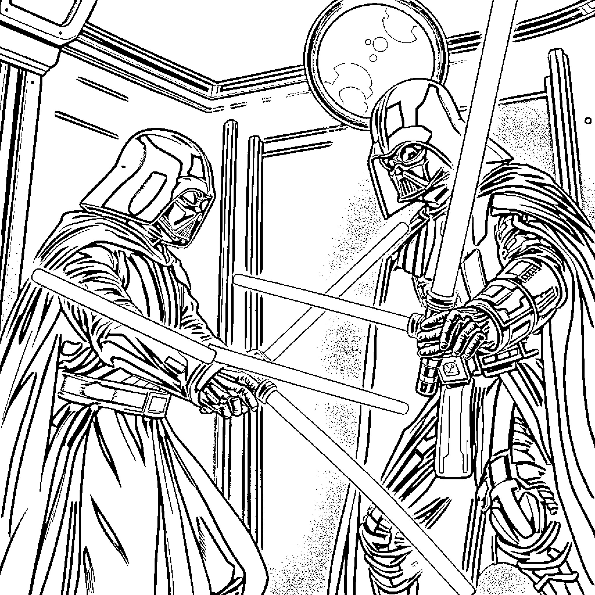 Star Wars characters engaged in a lightsaber duel Coloring Page (free black-and-white line drawing printable PDF for all, from beginners to advanced learners, including children, teens, adults, and seniors)