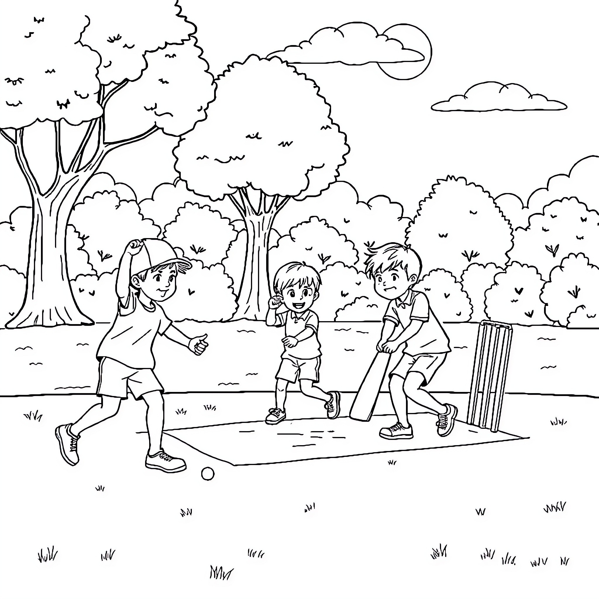 Kid Playing Cricket in a Park Coloring Page (free black-and-white line drawing printable PDF for all, from beginners to advanced learners, including children, teens, adults, and seniors)