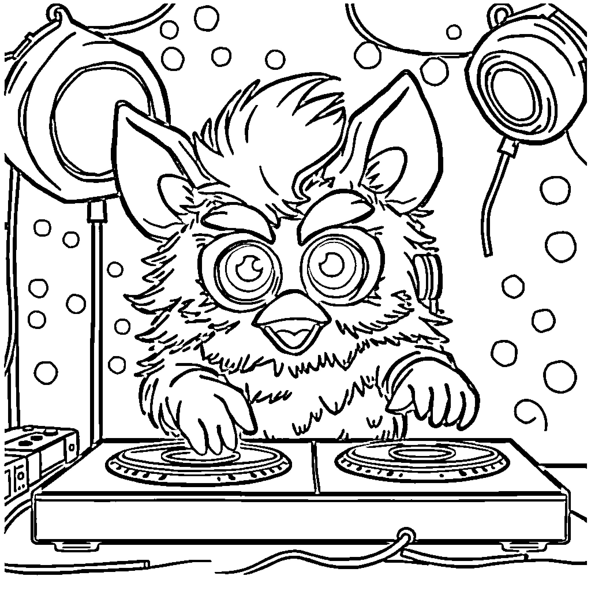 Furby DJ mixing music at a party Coloring Page (free black-and-white line drawing printable PDF for all, from beginners to advanced learners, including children, teens, adults, and seniors)