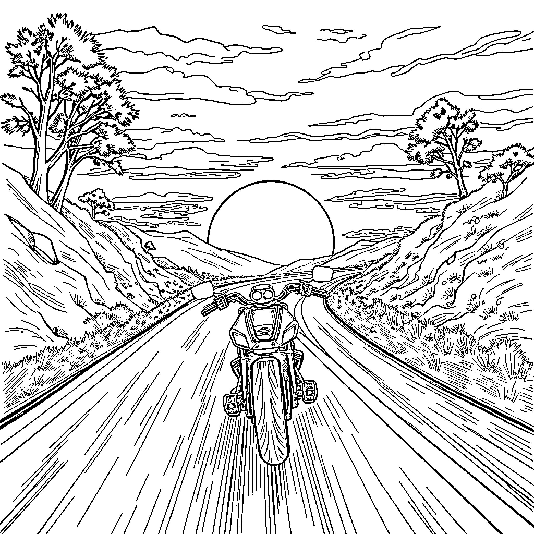 Motorcycle Journey Through Scenic Landscape Coloring Page (free black-and-white line drawing printable PDF for all, from beginners to advanced learners, including children, teens, adults, and seniors)