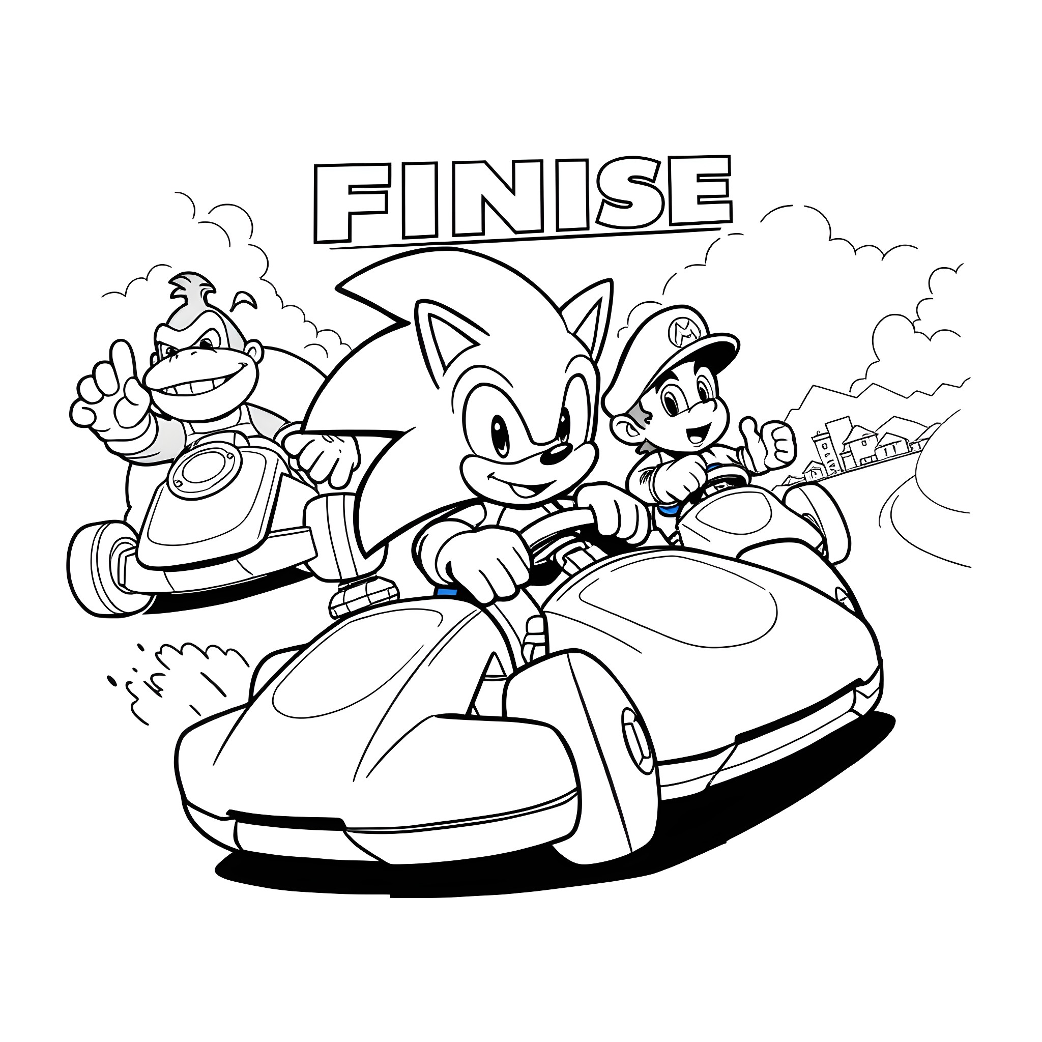 Sonic and Friends Racing Excitedly Coloring Page (free black-and-white line drawing printable PDF for all, from beginners to advanced learners, including children, teens, adults, and seniors)
