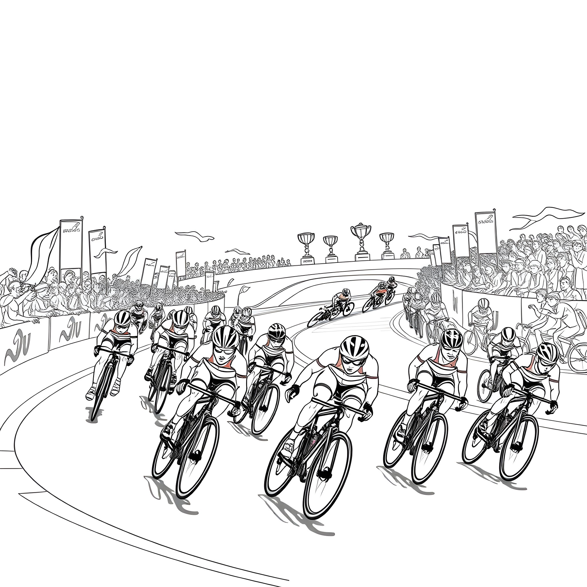 Bicycle Race Through City Landscape Coloring Page (free black-and-white line drawing printable PDF for all, from beginners to advanced learners, including children, teens, adults, and seniors)