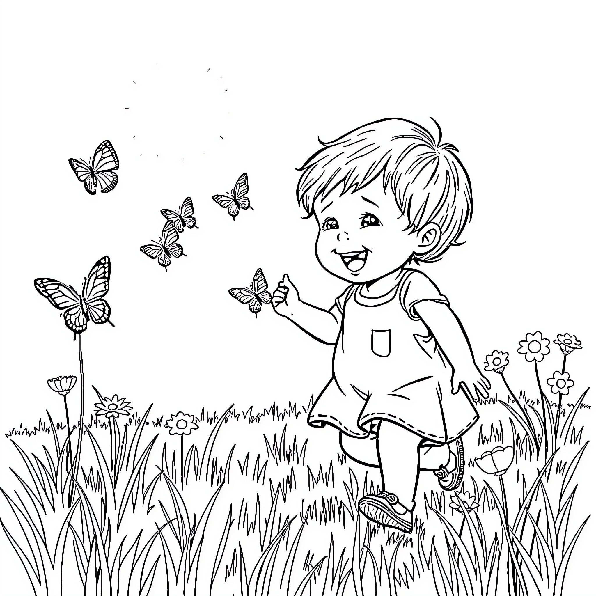 Toddler chasing butterflies in a flower-filled meadow Coloring Page (free black-and-white line drawing printable PDF for all, from beginners to advanced learners, including children, teens, adults, and seniors)