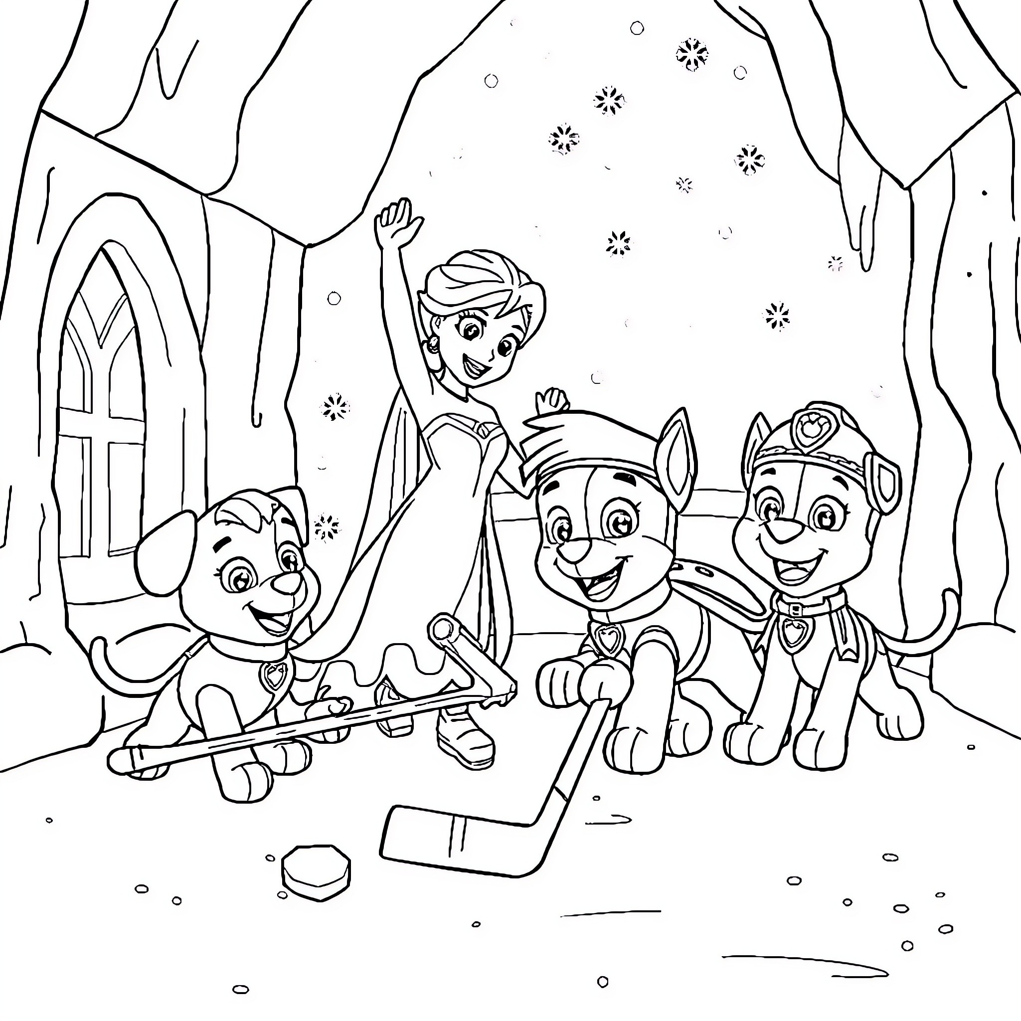 Pup friends playing in the winter wonderland Coloring Page (free black-and-white line drawing printable PDF for all, from beginners to advanced learners, including children, teens, adults, and seniors)