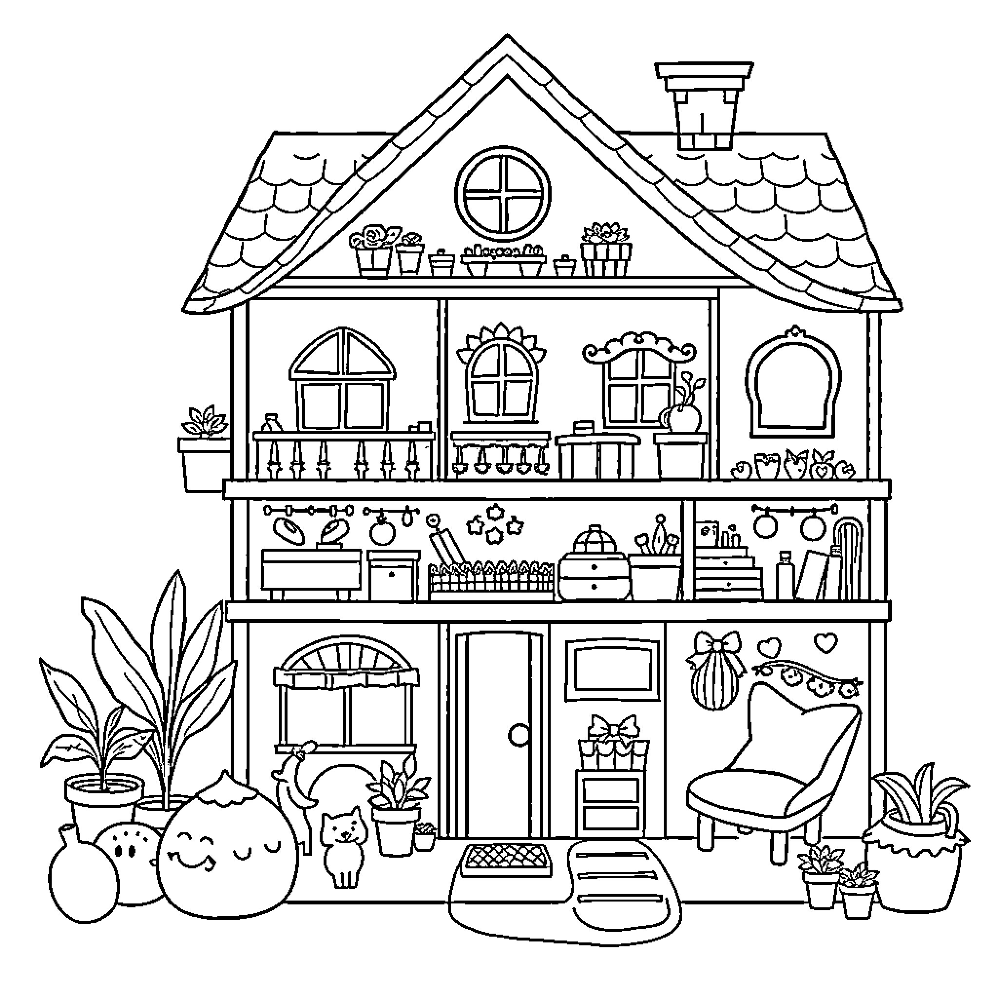 Gabby's cozy dollhouse filled with toys and decor Coloring Page (free black-and-white line drawing printable PDF for all, from beginners to advanced learners, including children, teens, adults, and seniors)