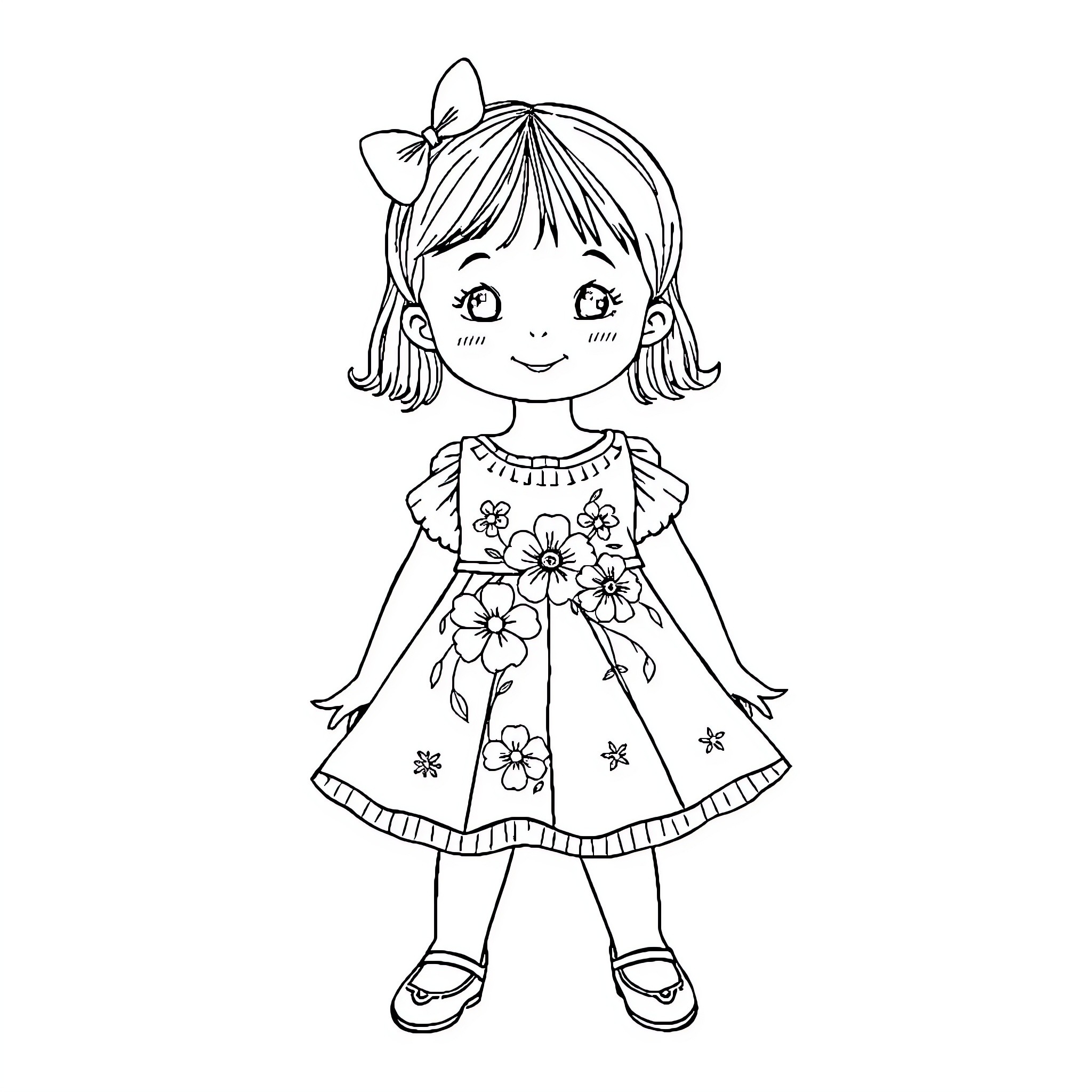 Girl in Flower Dress with Bow in Hair Coloring Page (free black-and-white line drawing printable PDF for all, from beginners to advanced learners, including children, teens, adults, and seniors)