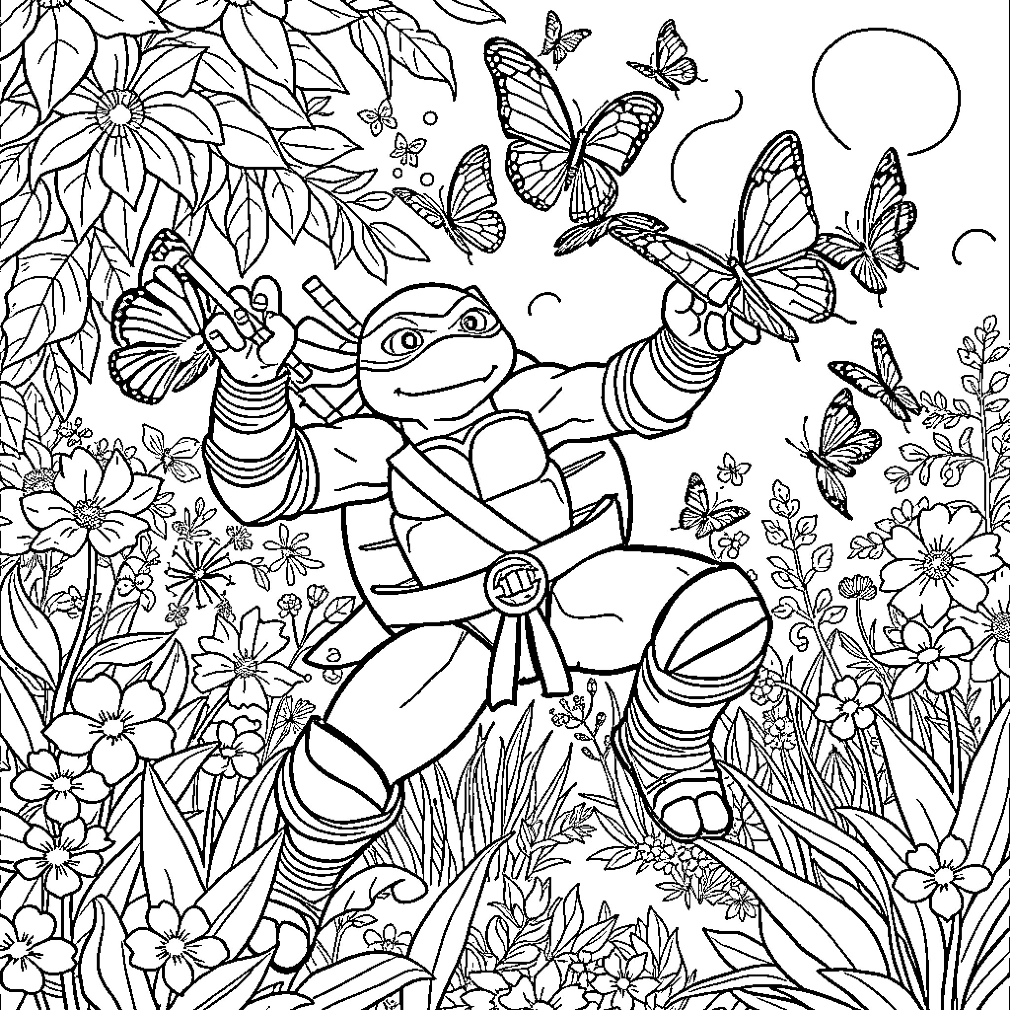 Ninja Turtle enjoying a peaceful garden scene Coloring Page (free black-and-white line drawing printable PDF for all, from beginners to advanced learners, including children, teens, adults, and seniors)