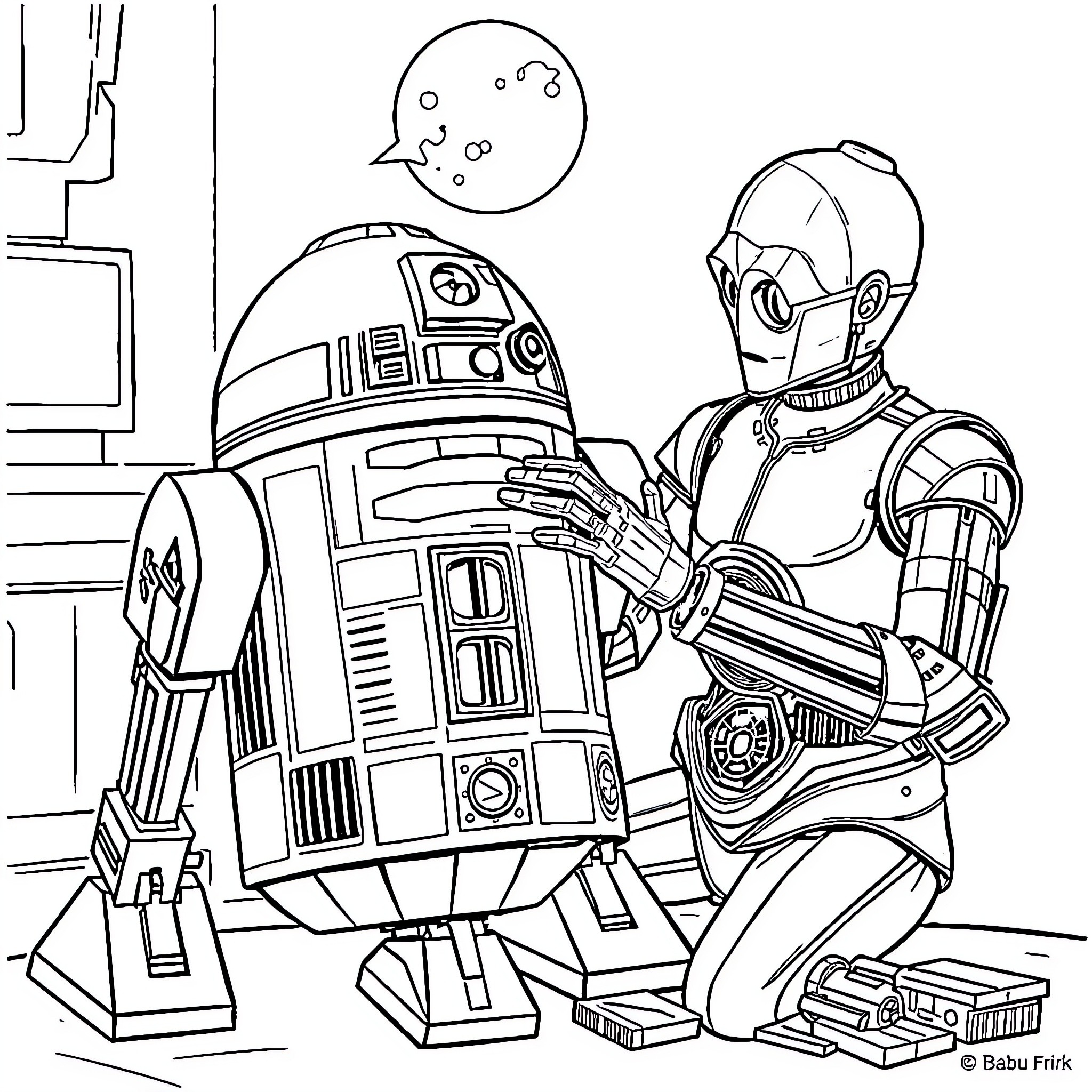 R2-D2 and Droid Companion in Space Station Coloring Page (free black-and-white line drawing printable PDF for all, from beginners to advanced learners, including children, teens, adults, and seniors)