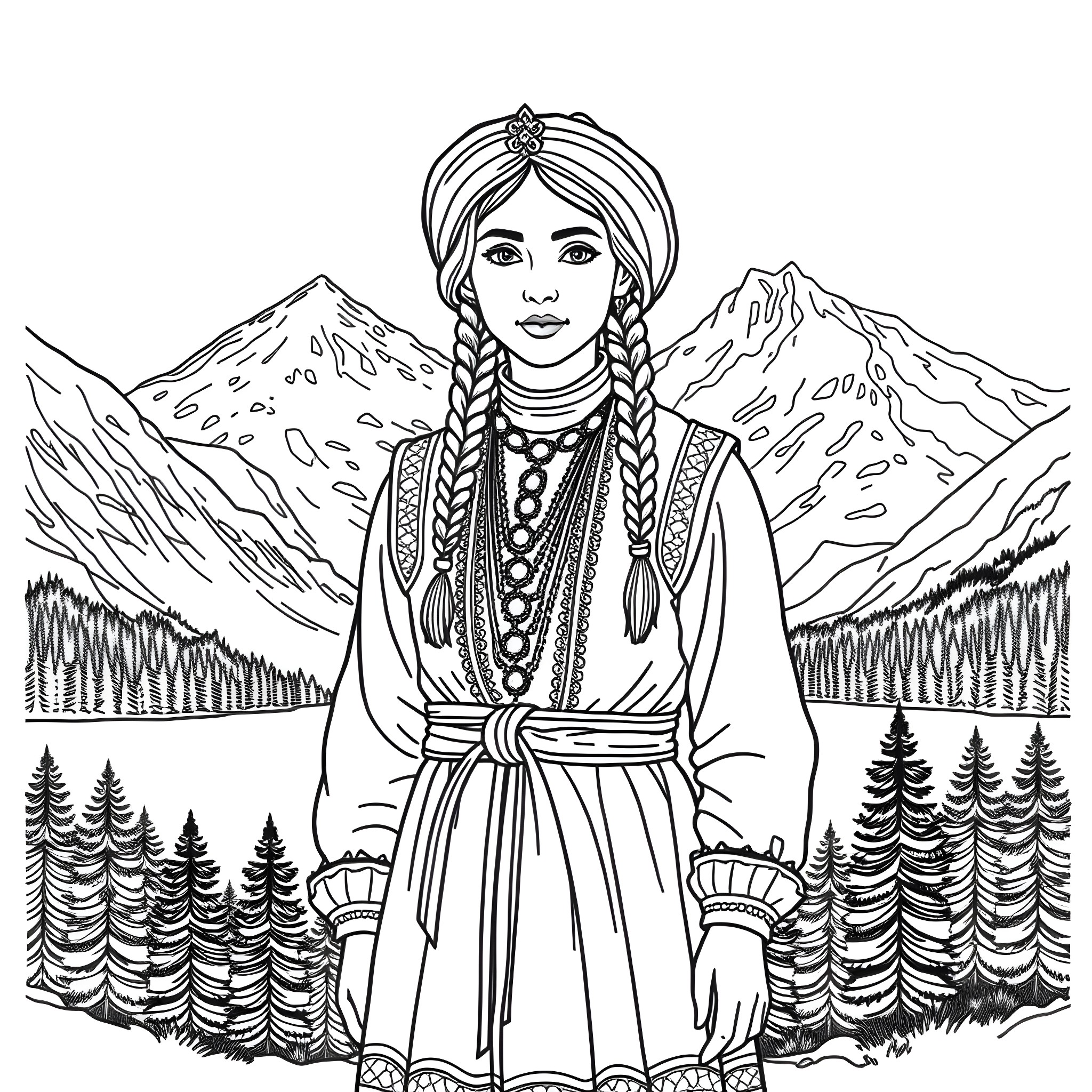Clothing of a woman in a mountain landscape Coloring Page (free black-and-white line drawing printable PDF for all, from beginners to advanced learners, including children, teens, adults, and seniors)
