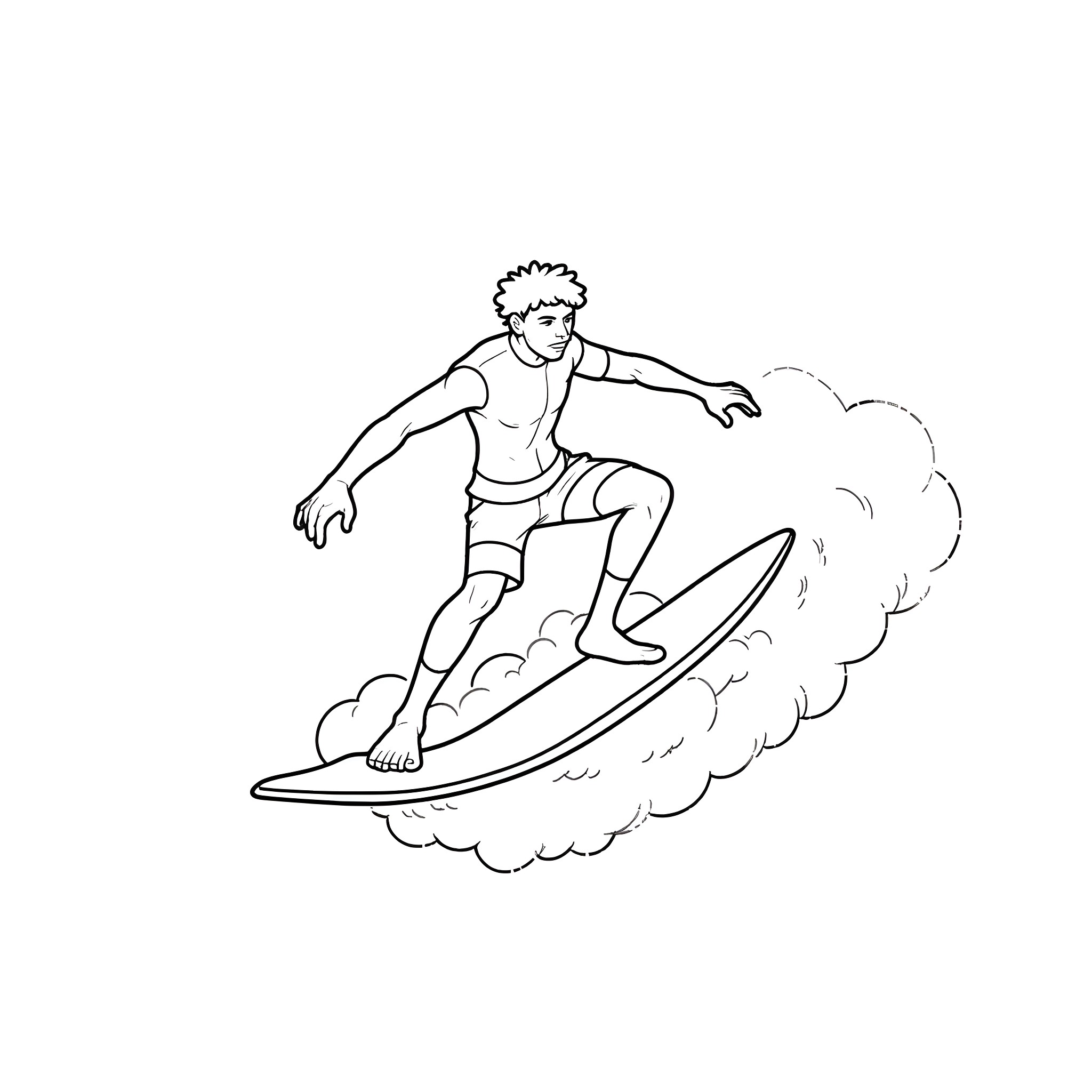 Jason Mraz surfing on a wave Coloring Page (free black-and-white line drawing printable PDF for all, from beginners to advanced learners, including children, teens, adults, and seniors)
