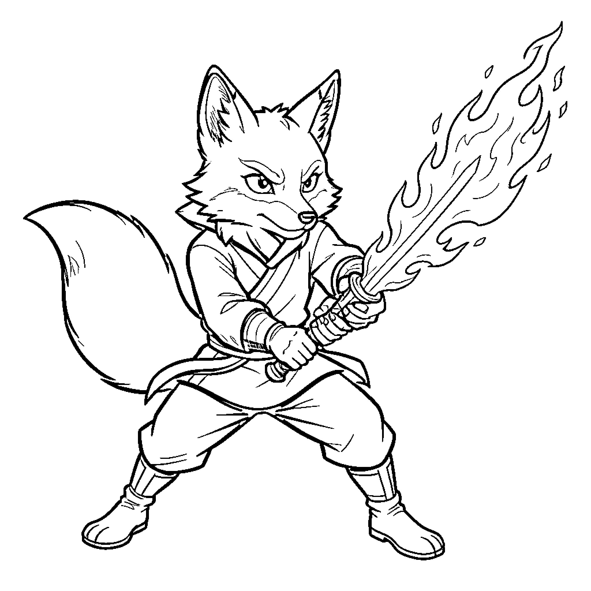Ninja Fox wielding a fiery sword in combat Coloring Page (free black-and-white line drawing printable PDF for all, from beginners to advanced learners, including children, teens, adults, and seniors)