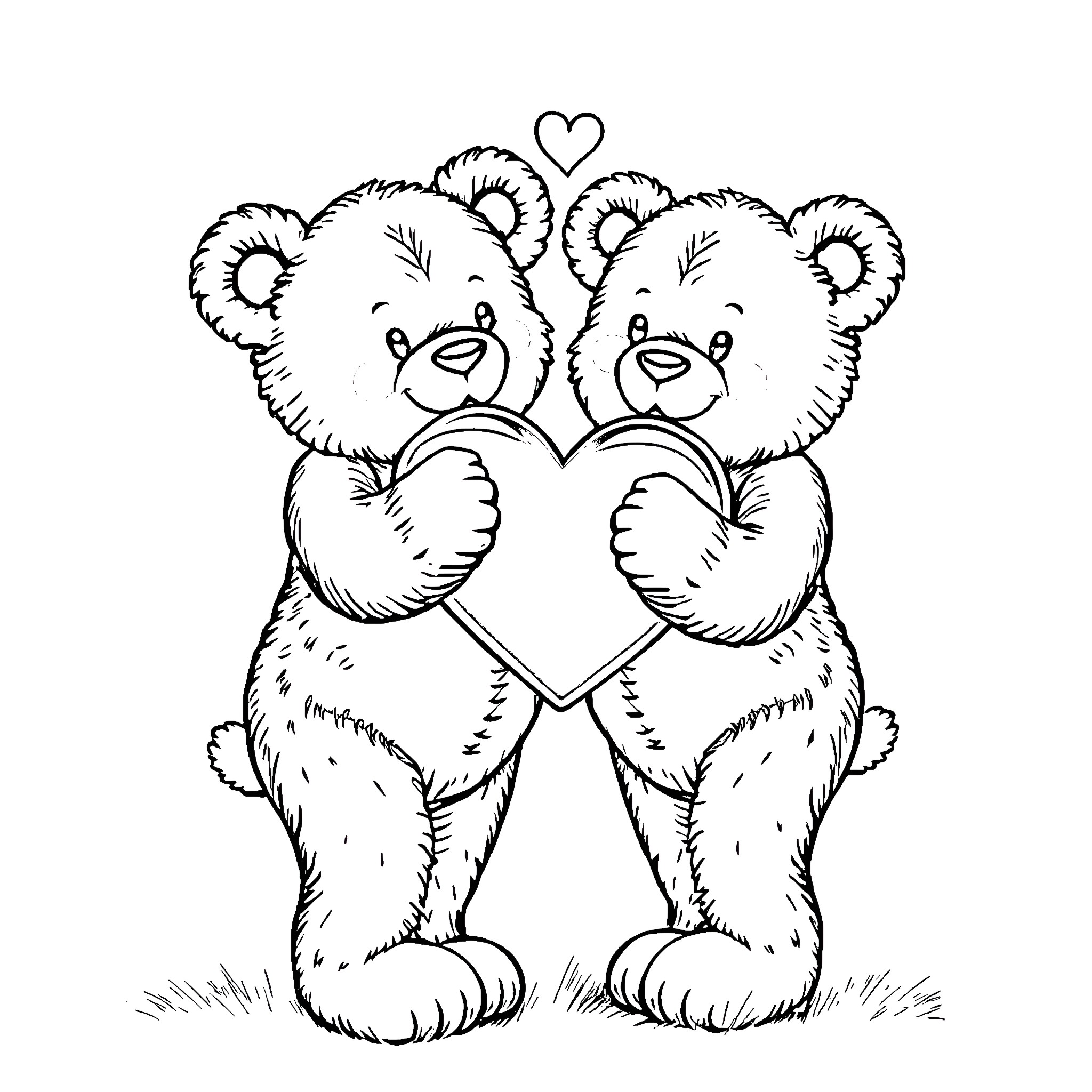 Teddy Bears Embracing and Holding Heart Coloring Page (free black-and-white line drawing printable PDF for all, from beginners to advanced learners, including children, teens, adults, and seniors)