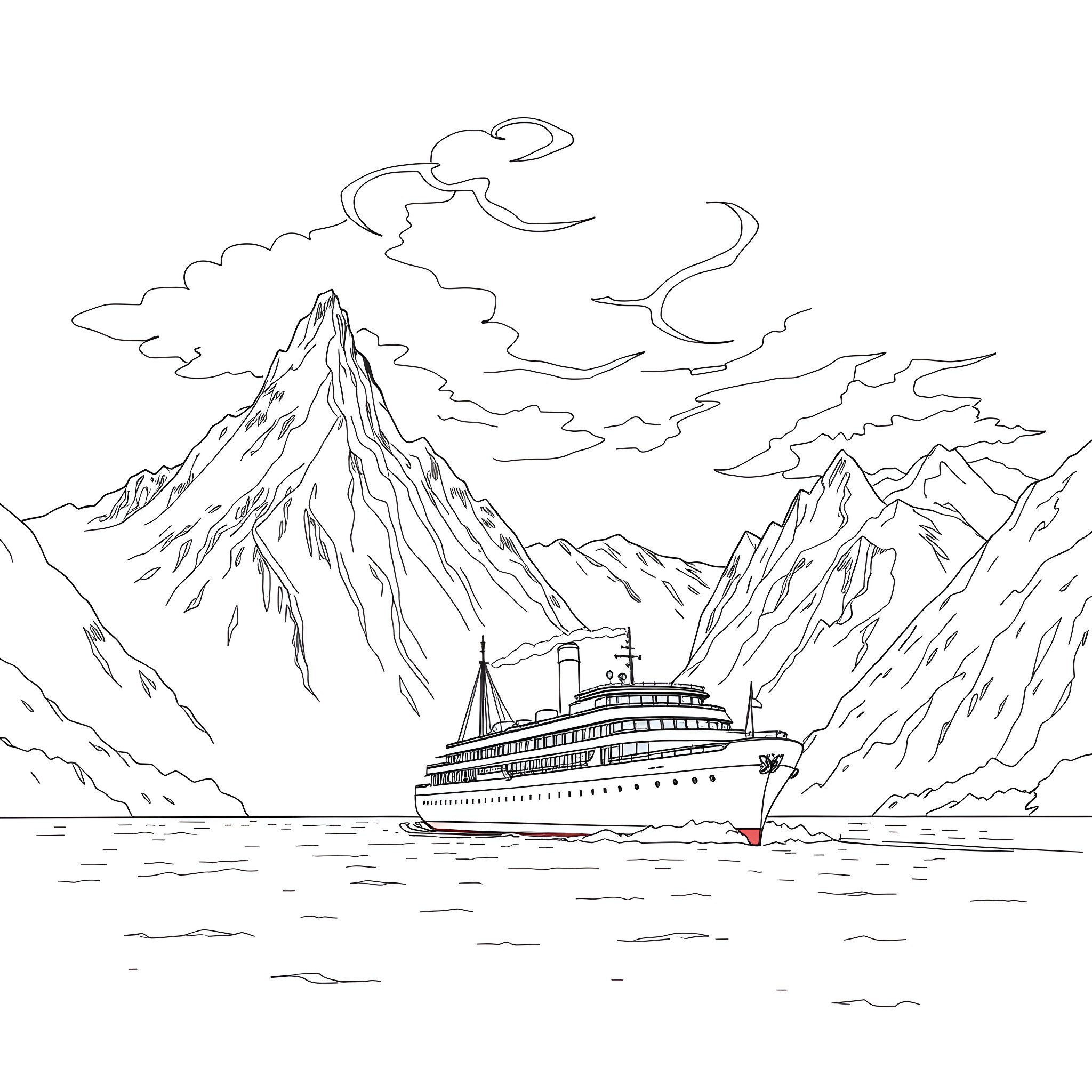Steam Ship Navigating through Majestic Mountains Coloring Page (free black-and-white line drawing printable PDF for all, from beginners to advanced learners, including children, teens, adults, and seniors)