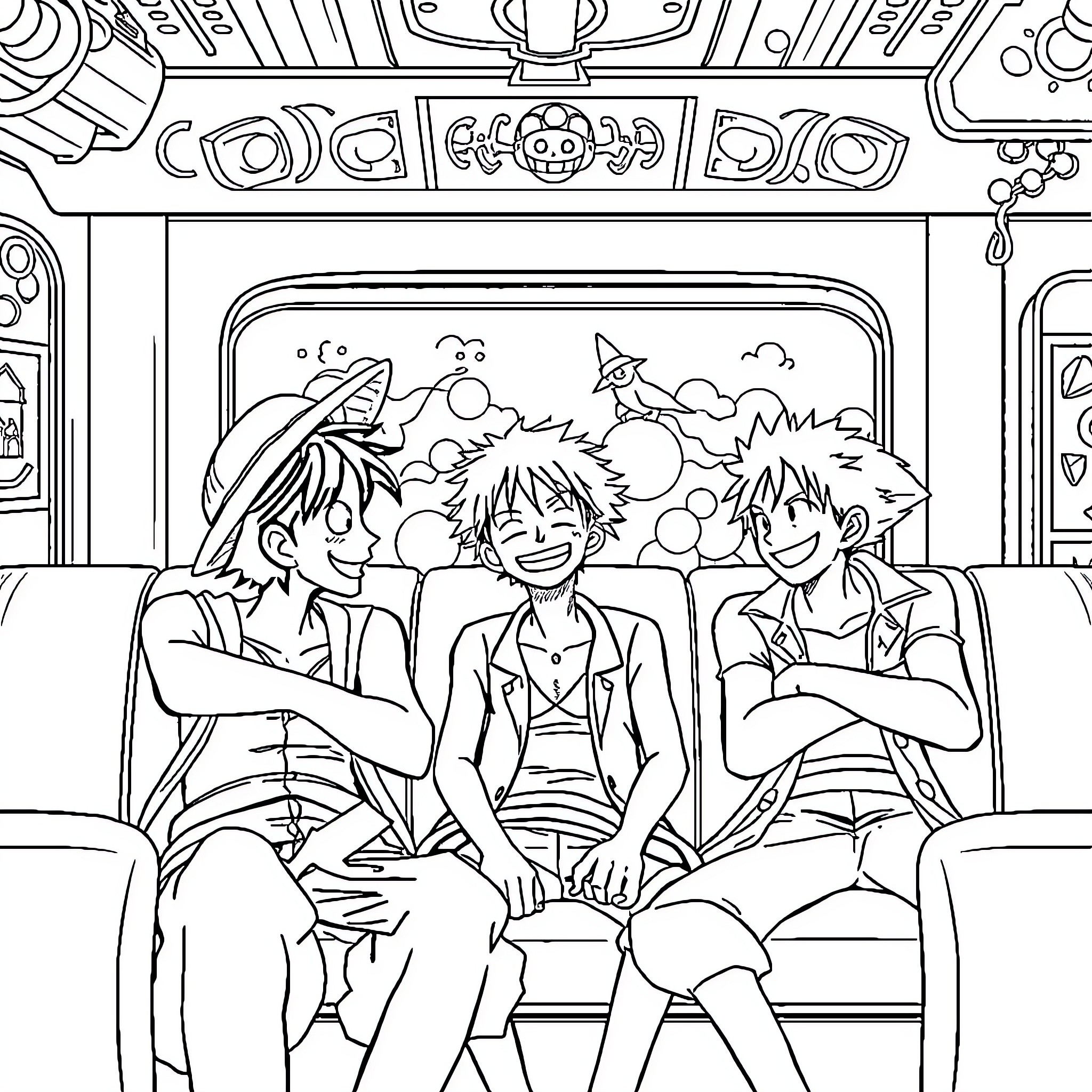 Stroumff friends enjoying a fun arcade game Coloring Page (free black-and-white line drawing printable PDF for all, from beginners to advanced learners, including children, teens, adults, and seniors)